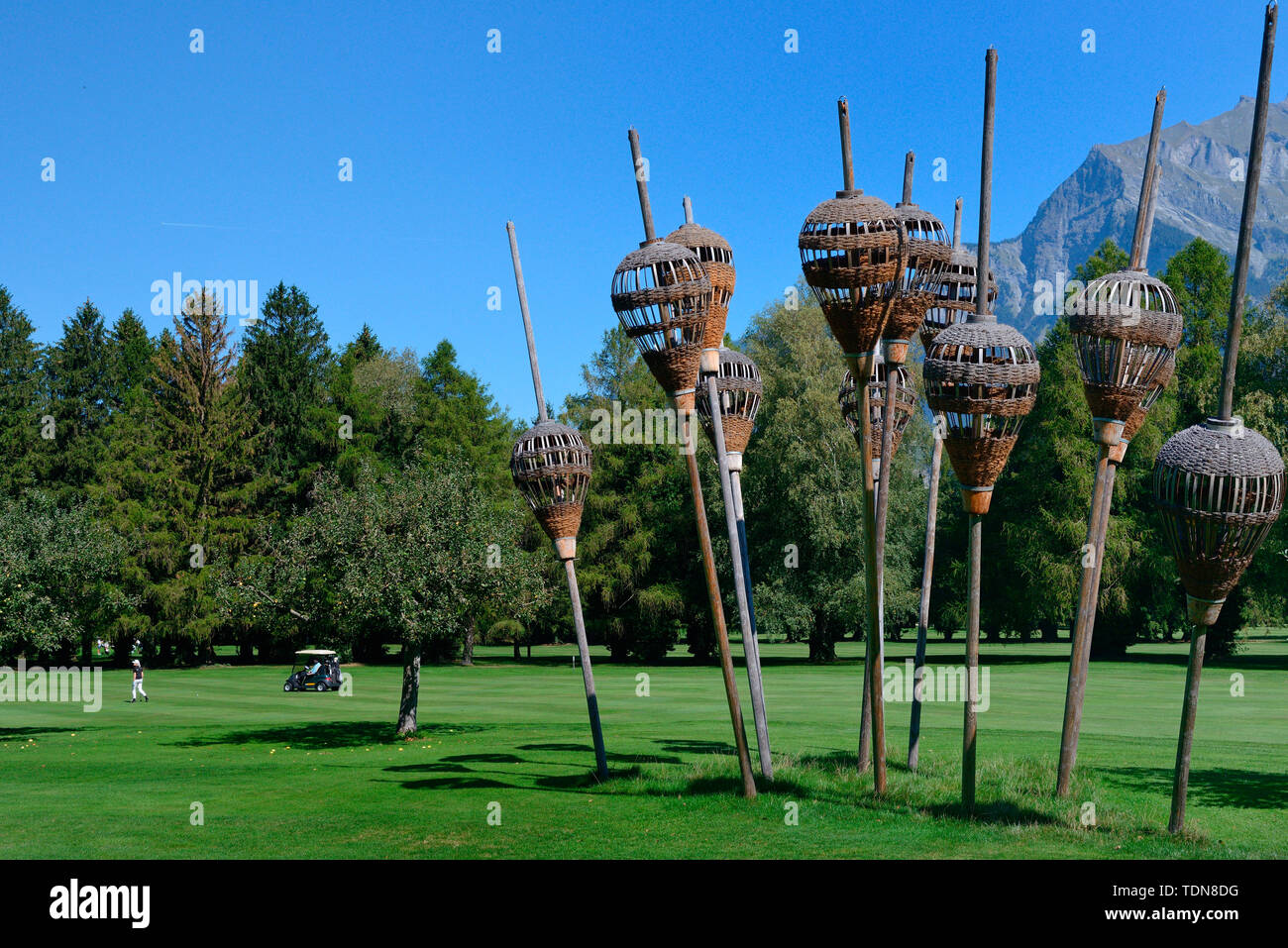 Bad Ragaz, Golfplatz, Skulptur von Roger Rigorth Erdzeichen, Kanton San Gallo, Svizzera, Europa, Skulpturenaustellung Bad RagARTz, Foto Stock