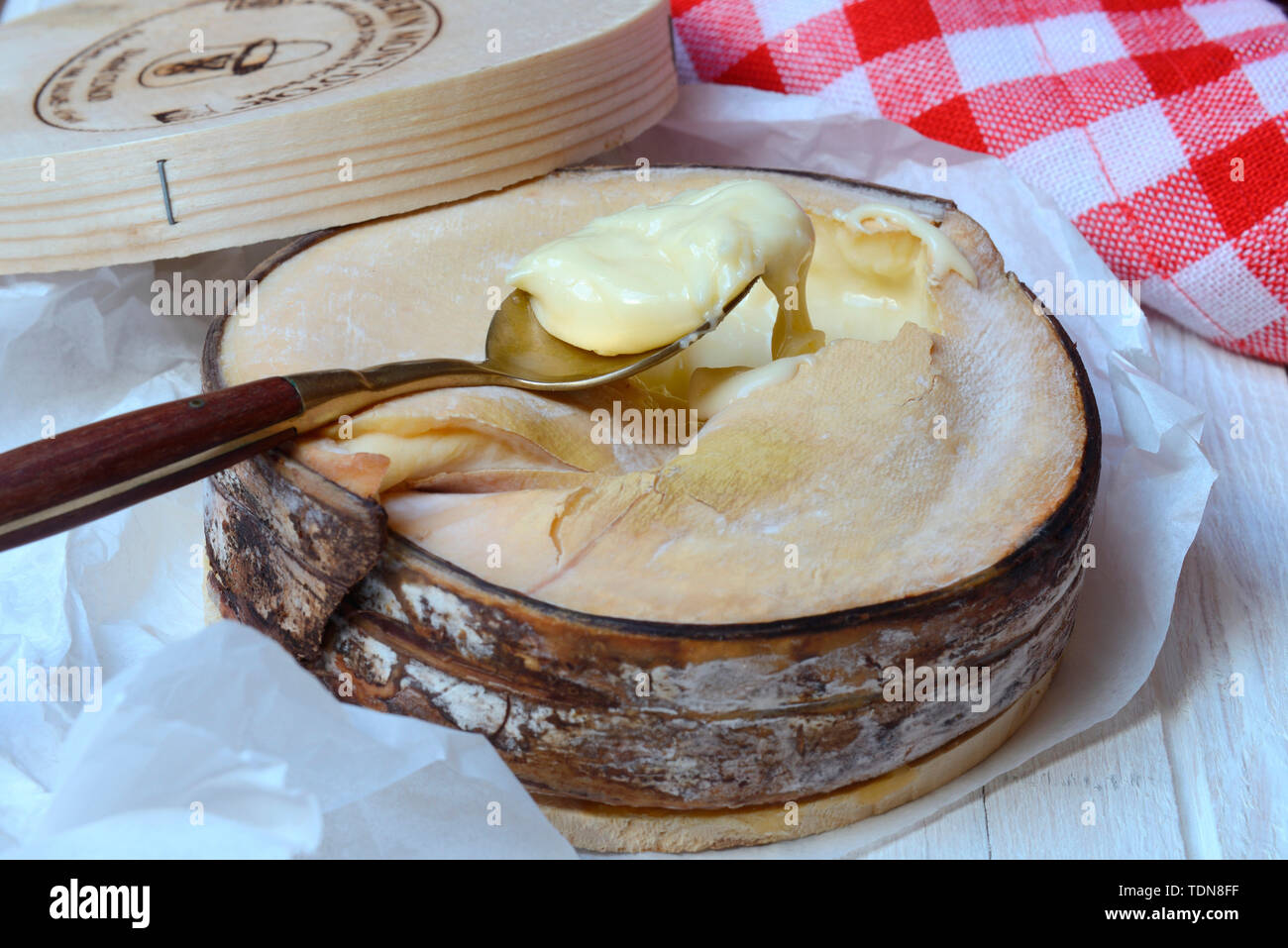 Il Vacherin Mont d'Or, Schweizer Weichkaese, Valle de Joux, Waadtlaender Jura, Schweiz, Europa Foto Stock