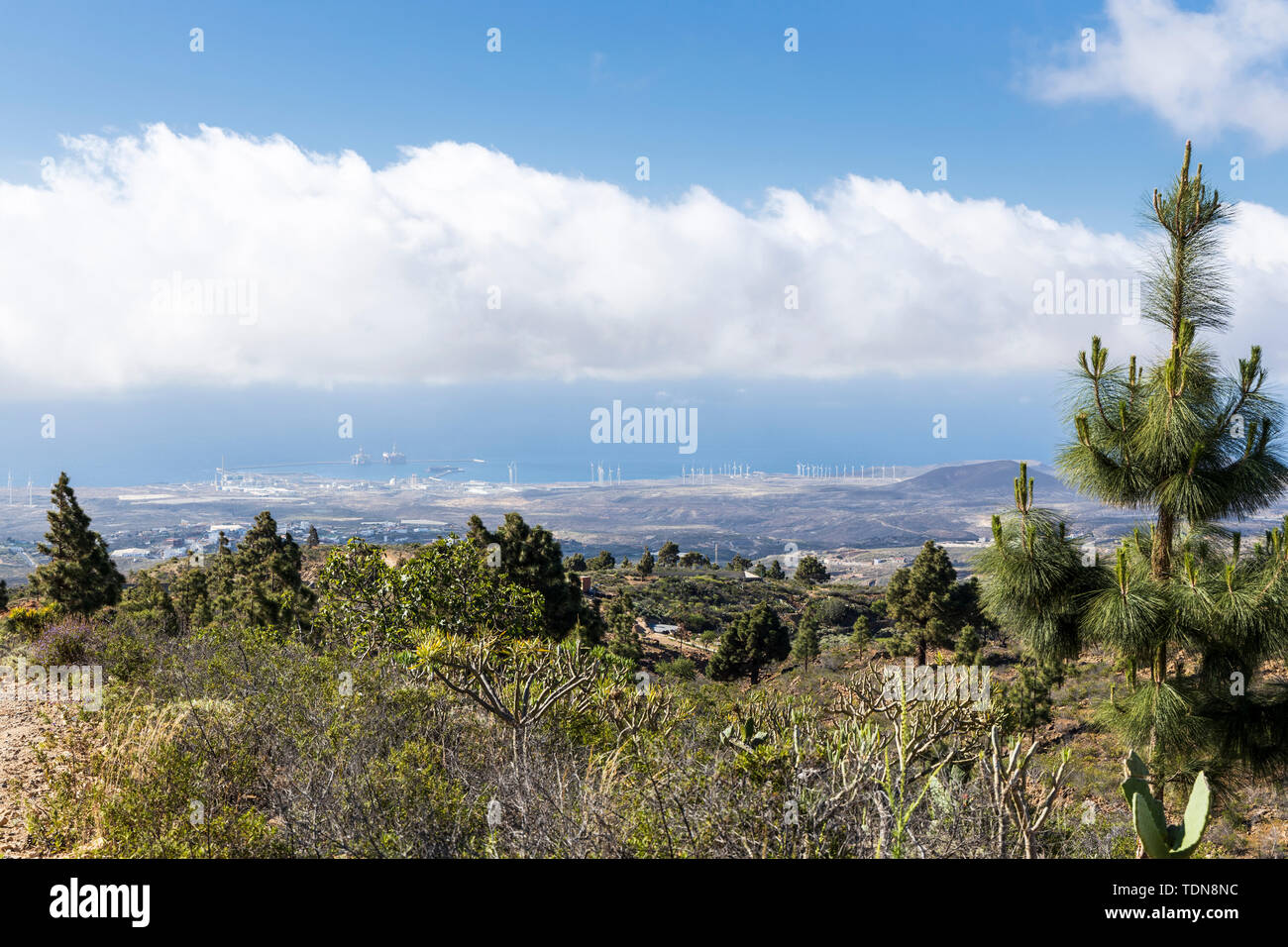 Vista sulla costa di Granadilla a porto e fattoria eolica turbine da sopra Las Vegas, Tenerife, Isole Canarie, Spagna Foto Stock
