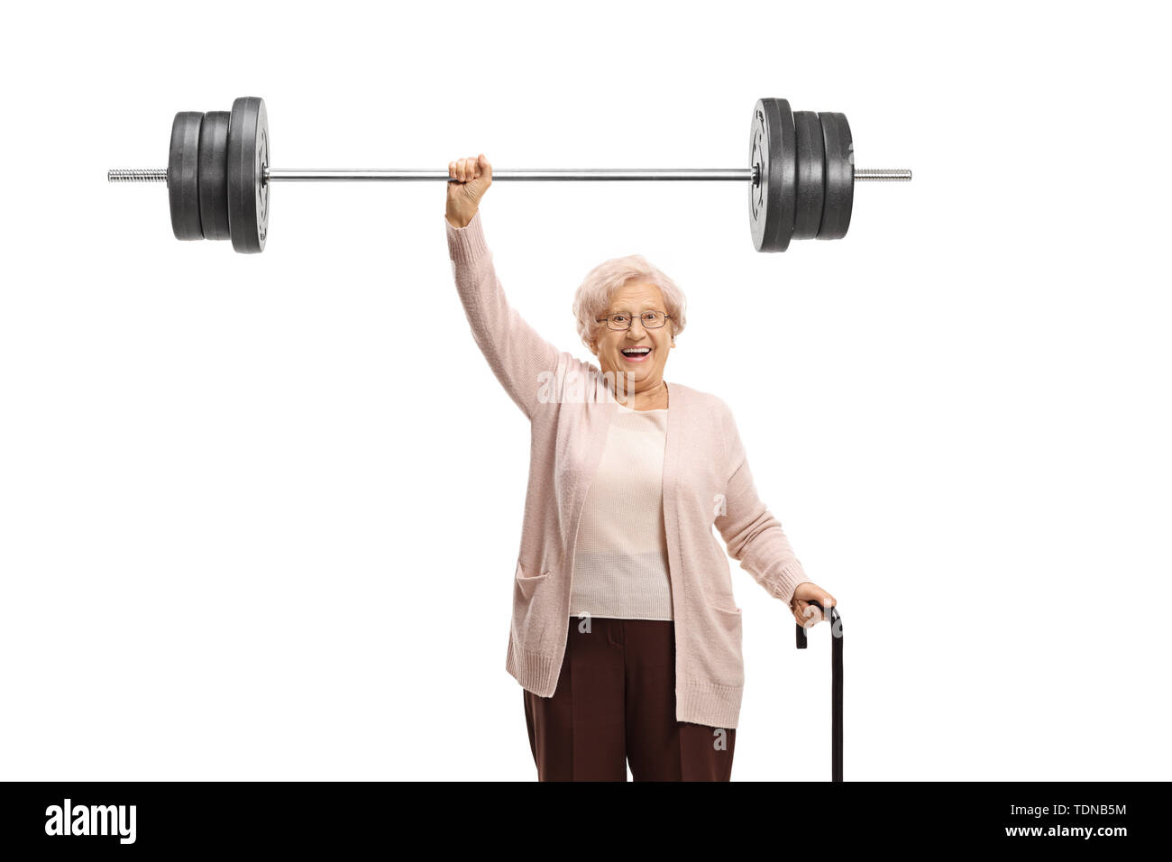 Senior donna con una canna liftiing un barbell isolati su sfondo bianco Foto Stock