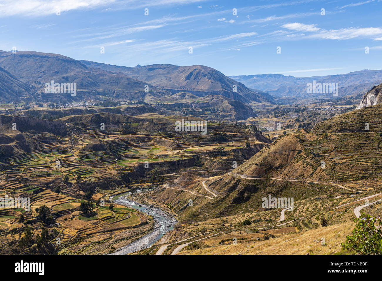 Terrazzamenti agricoli nel canyon di Colca, valle vista dal Mirador Antahuilque, Perù, Sud America. Foto Stock