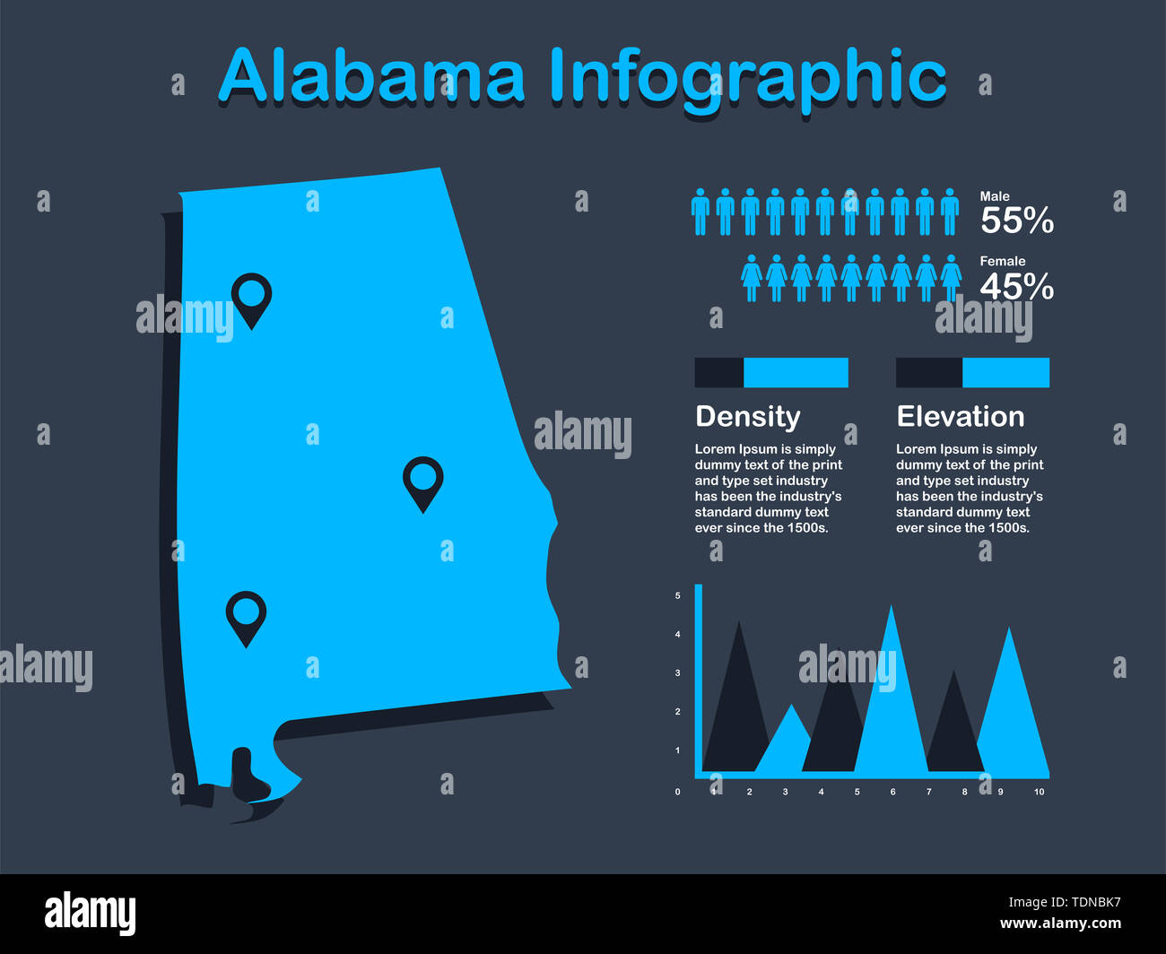 Stato in Alabama (USA) Mappa con set di elementi infografico in colore blu in uno sfondo scuro. Informazioni moderno elemento di grafica per il tuo design. Foto Stock