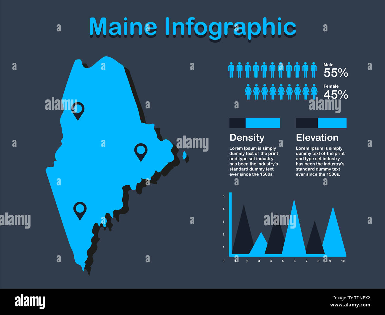 Stato del Maine (USA) Mappa con set di elementi infografico in colore blu in uno sfondo scuro. Informazioni moderno elemento di grafica per il tuo design. Foto Stock