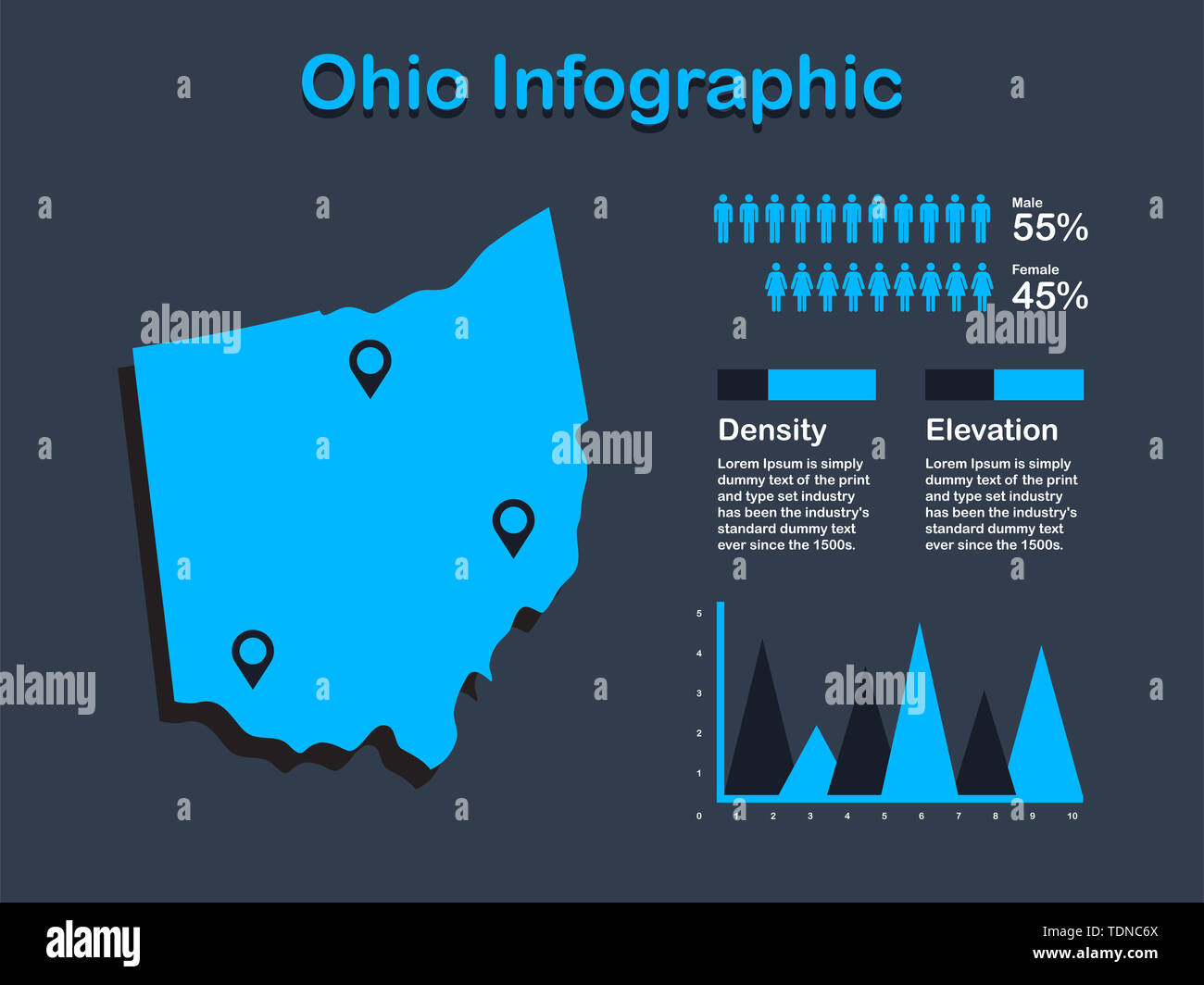 Lo stato dell'Ohio (USA) Mappa con set di elementi infografico in colore blu in uno sfondo scuro. Informazioni moderno elemento di grafica per il tuo design. Foto Stock