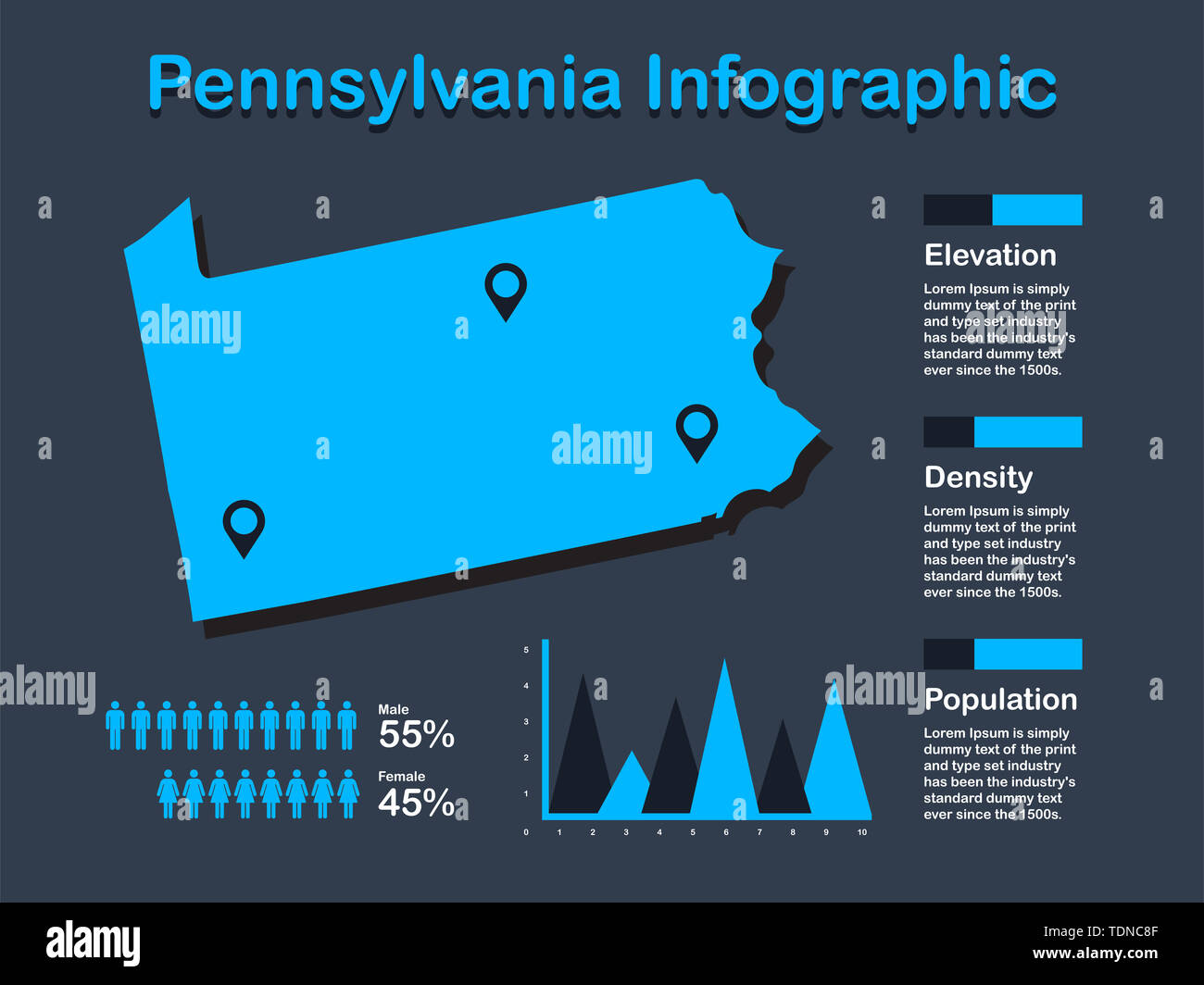 Stato della Pennsylvania (USA) Mappa con set di elementi infografico in colore blu in uno sfondo scuro. Informazioni moderno elemento di grafica per il tuo design. Foto Stock