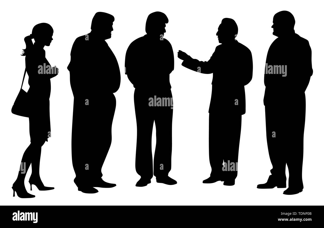 Un gruppo di uomini di affari che in occasione di una riunione di parlare. Quattro uomini d affari e una imprenditrice parlando di un nuovo piano di progetto. Illustrazione Vettoriale