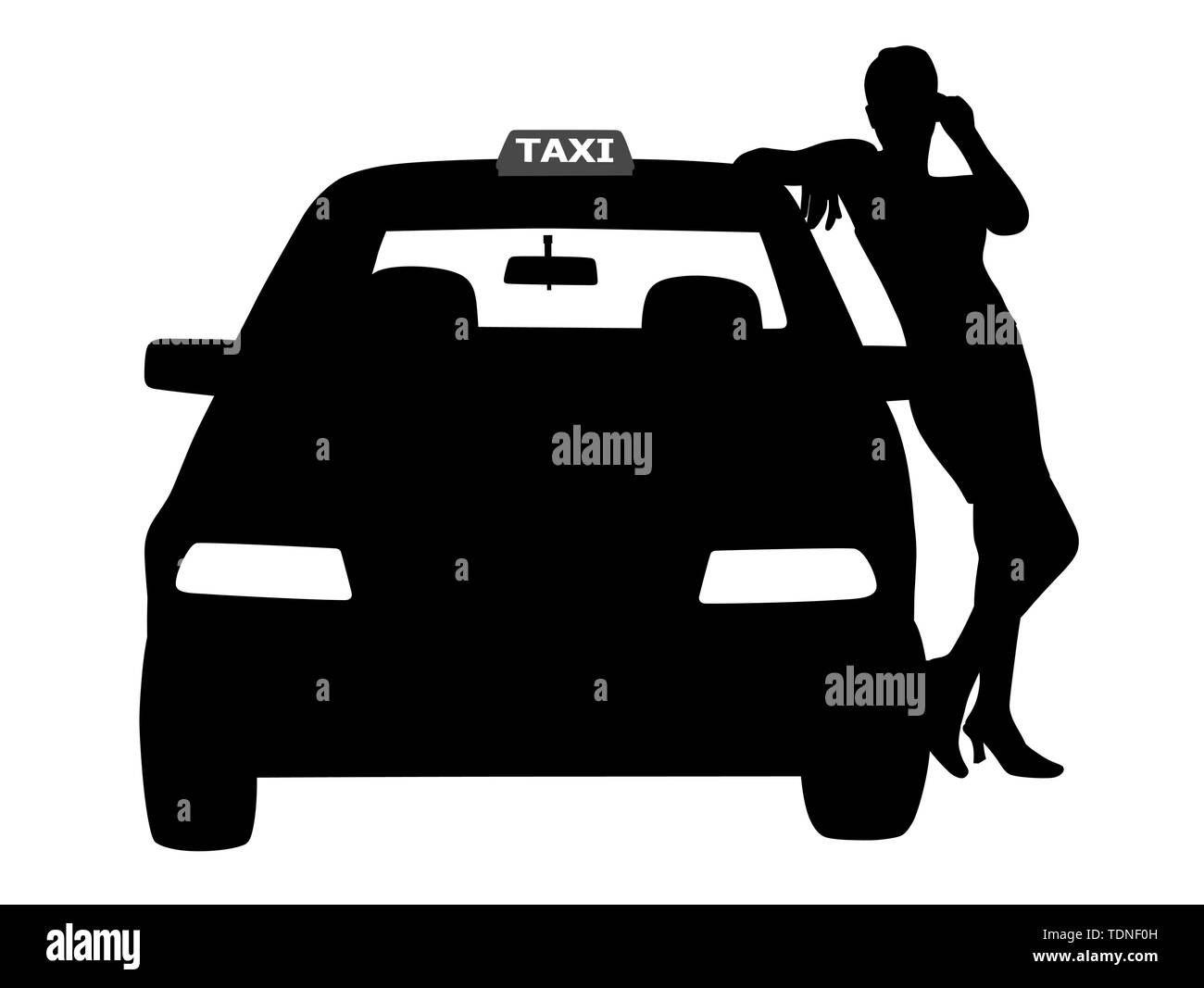 Donna taxi driver in piedi accanto al servizio taxi auto, in attesa di un passeggero Illustrazione Vettoriale