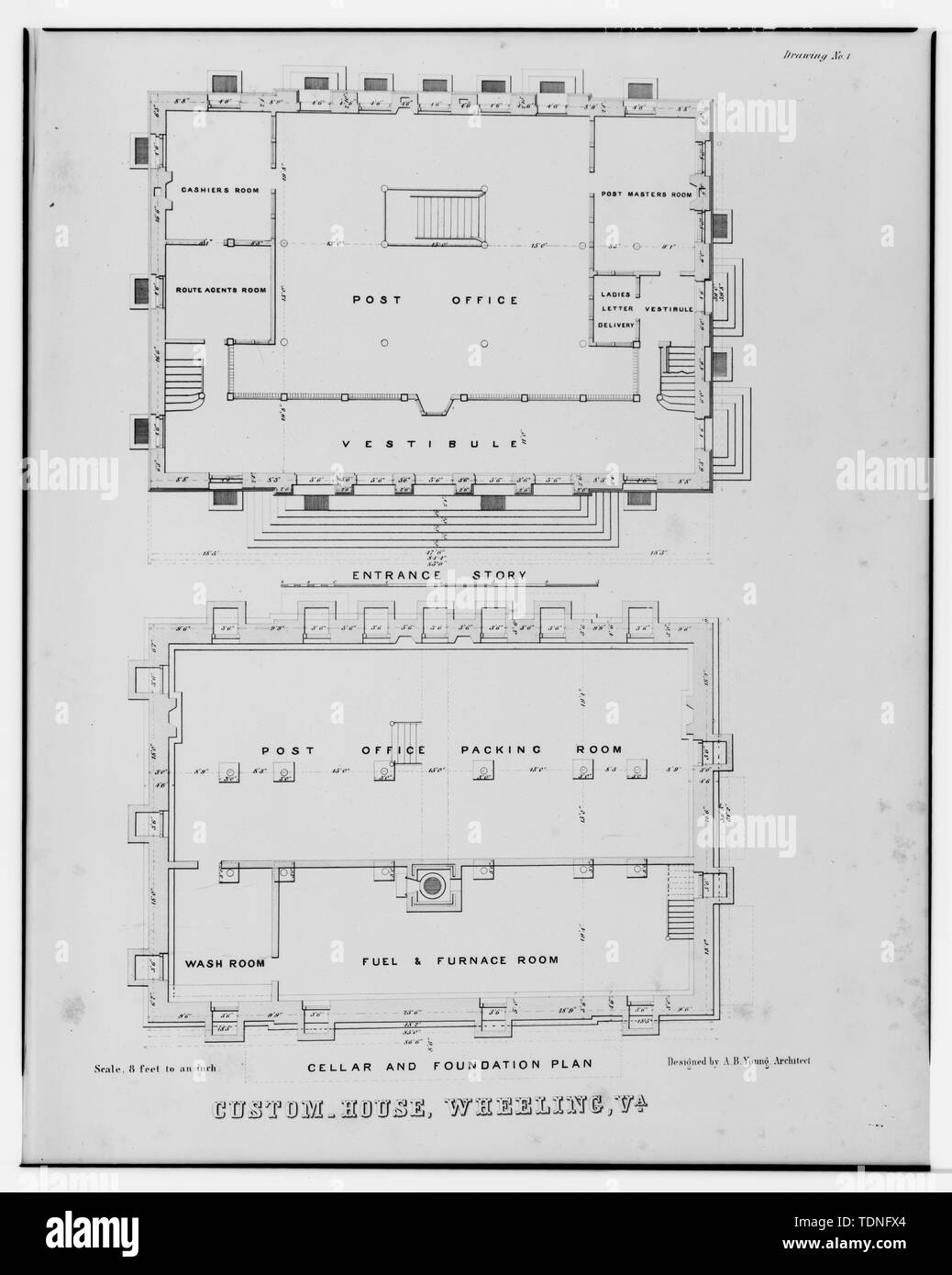 Fotocopia dei disegni misurata (da piani di edifici pubblici . . . Custom House, ufficio postale e Corte Camera (Wheeling, VA), 1855.) A. B. Giovani, architetto 1855 PIANI DI INGRESSO STORIA. La cantina e le fondazioni ('Disegno No. 1") - U. S. Custom House, mercato e sedicesimo strade, Wheeling, Ohio County, WV; GIOVANI, A B Foto Stock