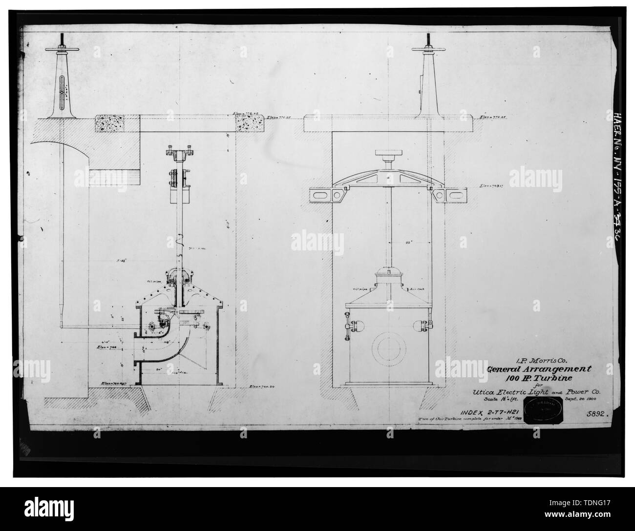 Fotocopia del disegno su microfilm, I.P. Morris Co. (File 2-T7-H21, dwg.  No. 20377, Niagara Mohawk Power Company, Syracuse, New York) DISPOSIZIONE  GENERALE-100 HP PER TURBINA UTIGA LUCE ELETTRICA E LA SOCIETÀ CO. -