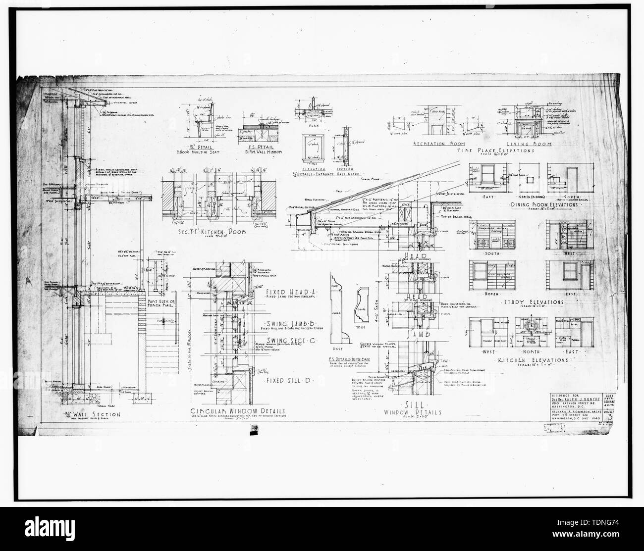 Fotocopia dell'architetto originale del disegno (da Hilyard R. Robinson) Luglio 1940, delineatore sconosciuto sezione di parete, dettagli interno elevazioni - Ralph J. Bunche House, 1510 Jackson Street a nord-est di Washington, Distretto di Columbia, DC Foto Stock