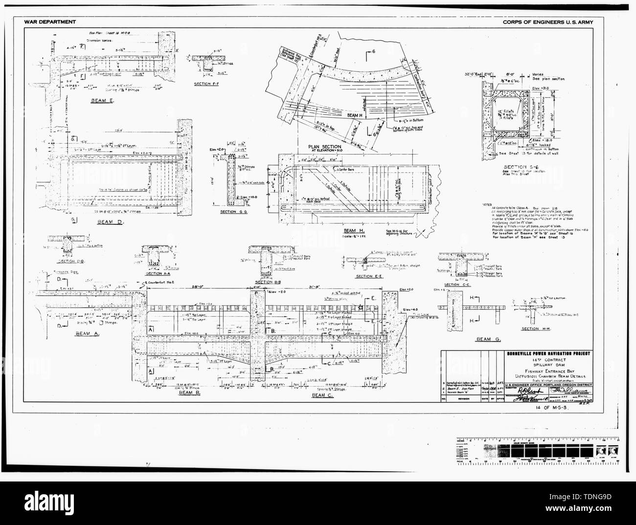 Fotocopia della costruzione originale disegno, 25 luglio 1935. (Stampa originale in possesso degli Stati Uniti Esercito di ingegneri, Distretto di Portland, Portland, O.) (m-5-8, Foglio n. 9) STRAMAZZO DAN FISHWAY E INGRESSO BAY piano generale. - Progetto Bonneville, Bonneville Dam, Columbia River, Bonneville, Multnomah County, o Foto Stock