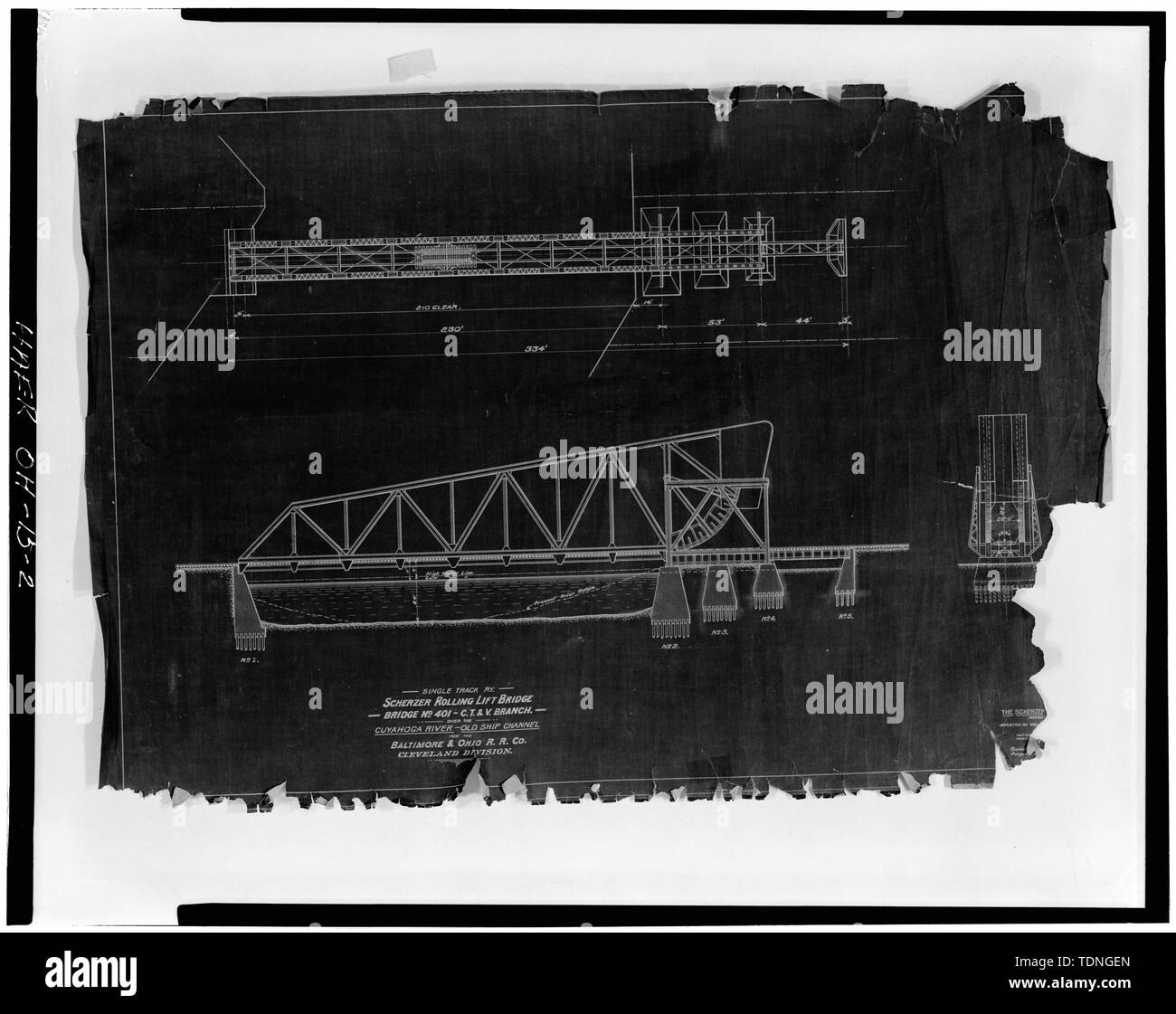 Fotocopia del disegno originale da Berni ricca, Punteggio fotografi, Cleveland, OH. Disegno di cortesia sistema Chessie, Sede Operativa Edificio, Huntington, W.VA., 1980. 'Scherzer sollevamento di laminazione Bridge-Bridge n. 40k-C T. e V. Branch-oltre il Fiume Cuyahoga per la Baltimoer e Ohio R.R. Co., Cleveland,Divisione." - B e o ponte ferroviario numero 464, Spanning Old Ship Canal e fiume Cuyahoga, Cleveland, Cuyahoga County, OH Foto Stock