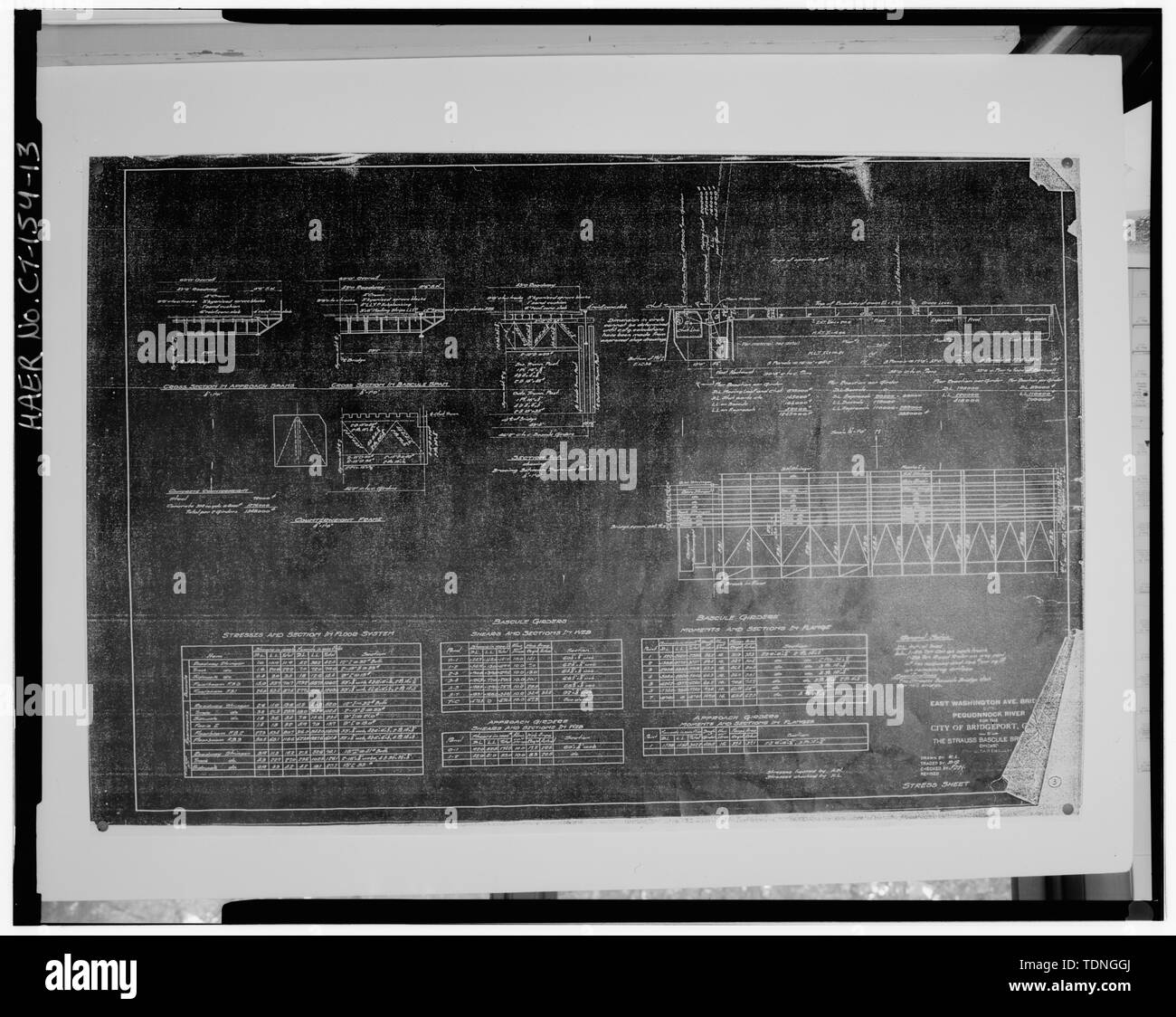 Fotocopia del disegno originale da Struass ponte mobile Company, 1916, foglio 3 di 20 (originale in possesso della città di Bridgeport, lavori pubblici dipartimento) Fogli di stress - Est Washington Avenue bridge spanning Pequonnock River a Oriente Washington Avenue, Bridgeport, Fairfield County, CT Foto Stock