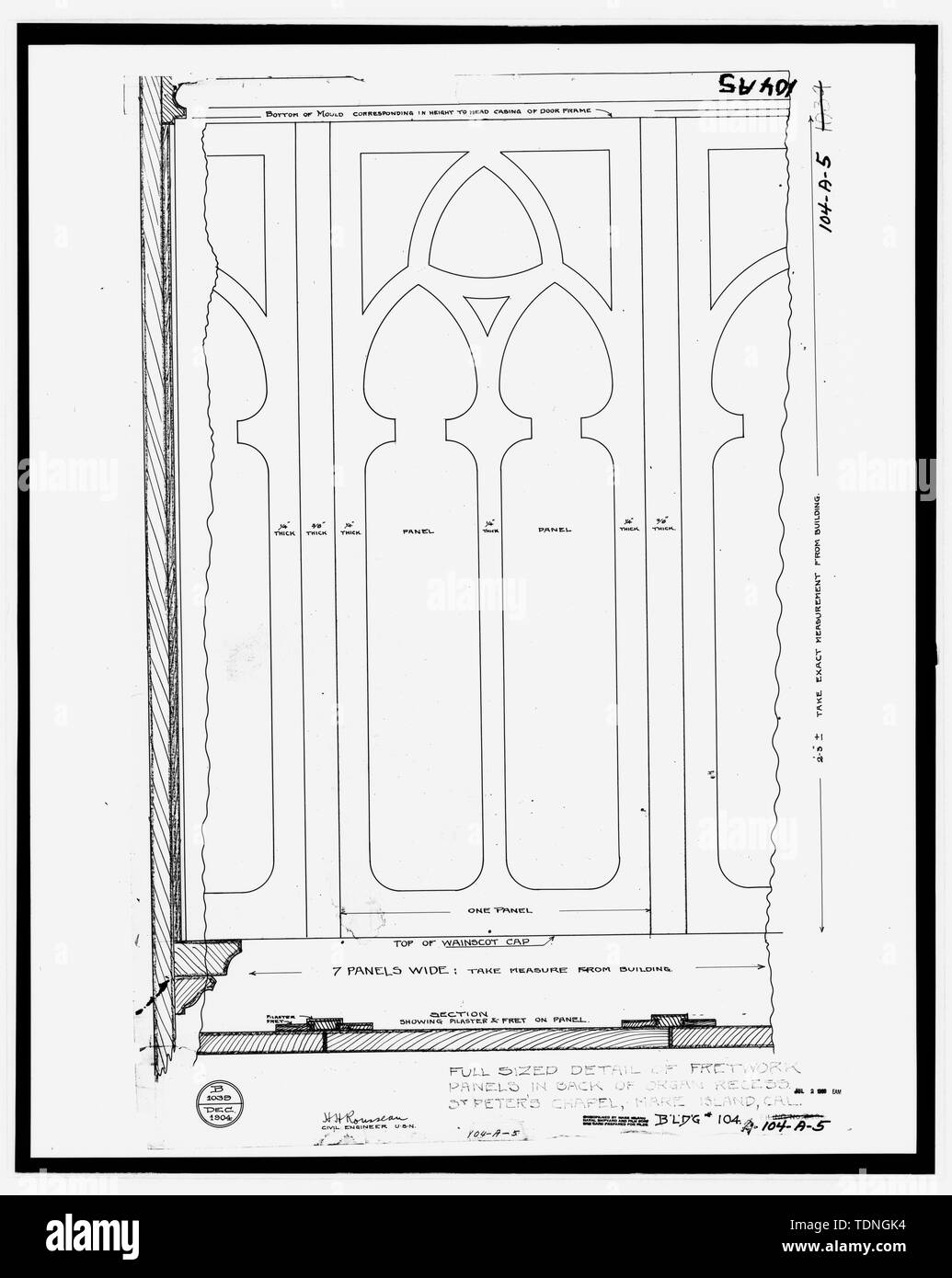 Fotocopia di disegni originali (originale si trova presso gli archivi nazionali, San Bruno, California, Navy - 104-A-5). Dipartimenti Cantieri e banchine, U.S. Navy Mare isola, Cal., piena di dimensioni dettaglio dei pannelli da traforo nel retro del recesso di organo, San Pietro Cappella, Mare isola, Cal., dicembre 1904. - Mare isola Cantiere Navale, San Pietro Cappella, Walnut Street e cedro Parkway, Vallejo, Solano County, CA Foto Stock