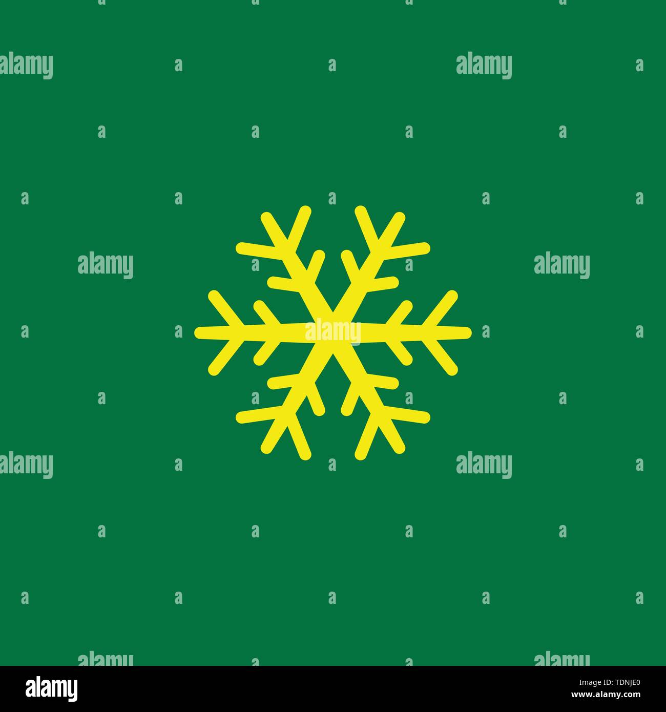 Il simbolo del fiocco di neve giallo icona piatta. Icone isolata su uno sfondo verde. Pittogramma di neve. Simbolo d'inverno. Arte vettoriale illustrazione. Elemento per il design. Illustrazione Vettoriale