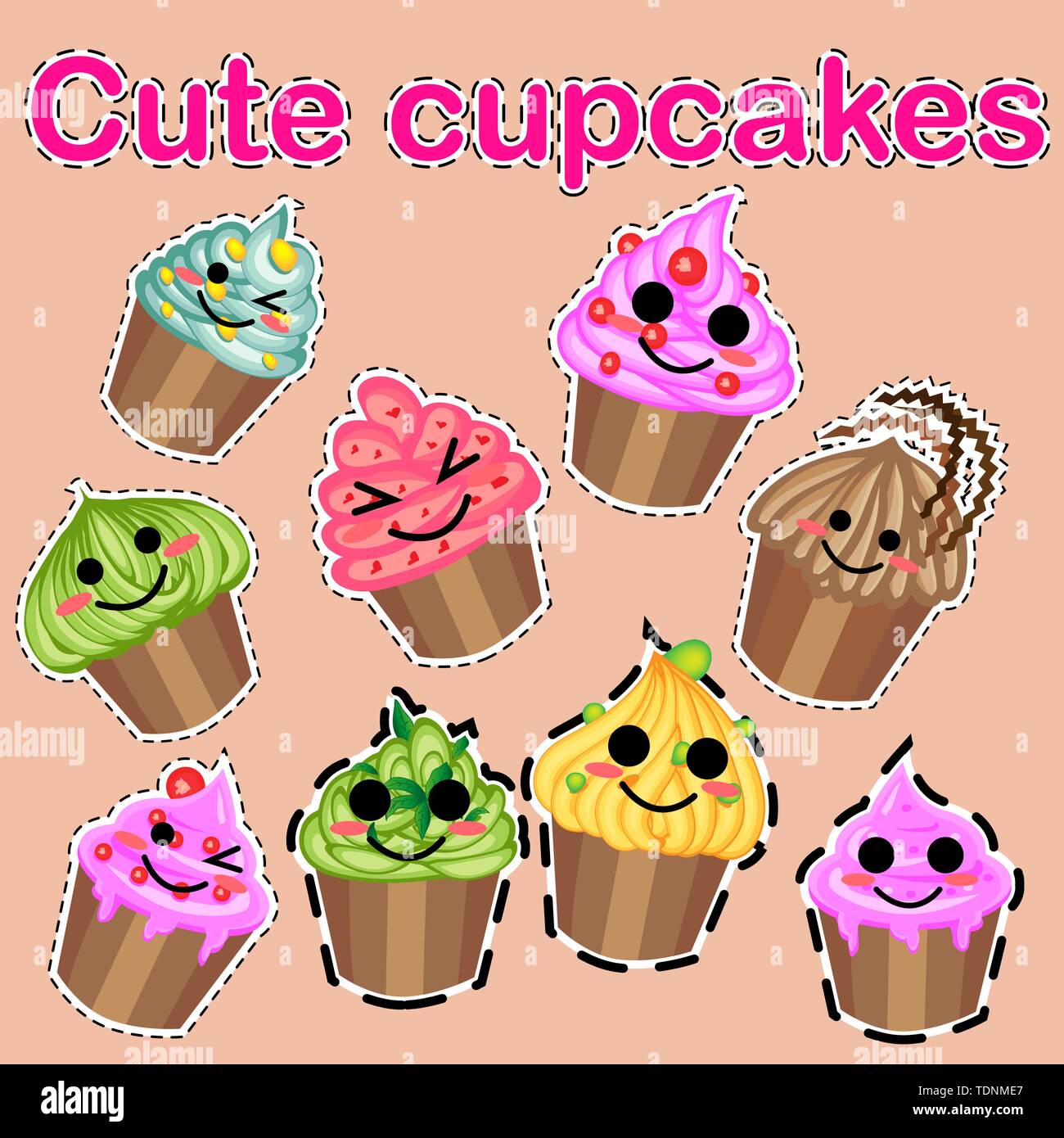 Set di carino dolce icone in stile kawaii con volto sorridente e guance rosa per il dolce design. Gelato, candy, torta, tortina Illustrazione Vettoriale