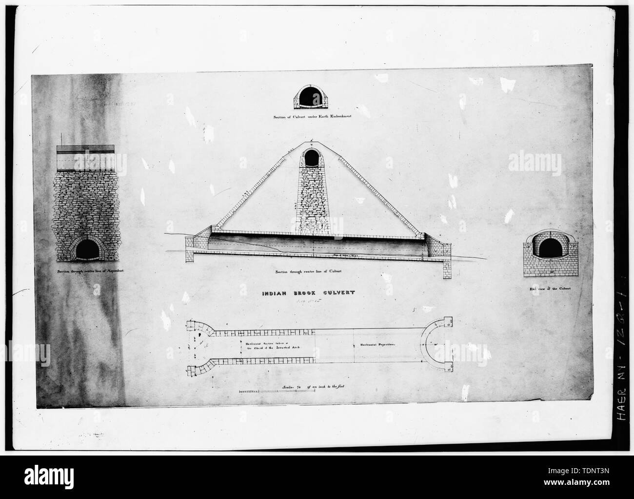 Fotocopiata Dicembre, 1977, da lenta originale disegno di ingegneria, Jervis Libreria. Sezioni di INDIAN BROOK CLUVERT - vecchio acquedotto Croton, Indian Creek canale sotterraneo, serbatoio e Ponte di Quaker strade, Crotonville, Ossining, Westchester County, NY Foto Stock