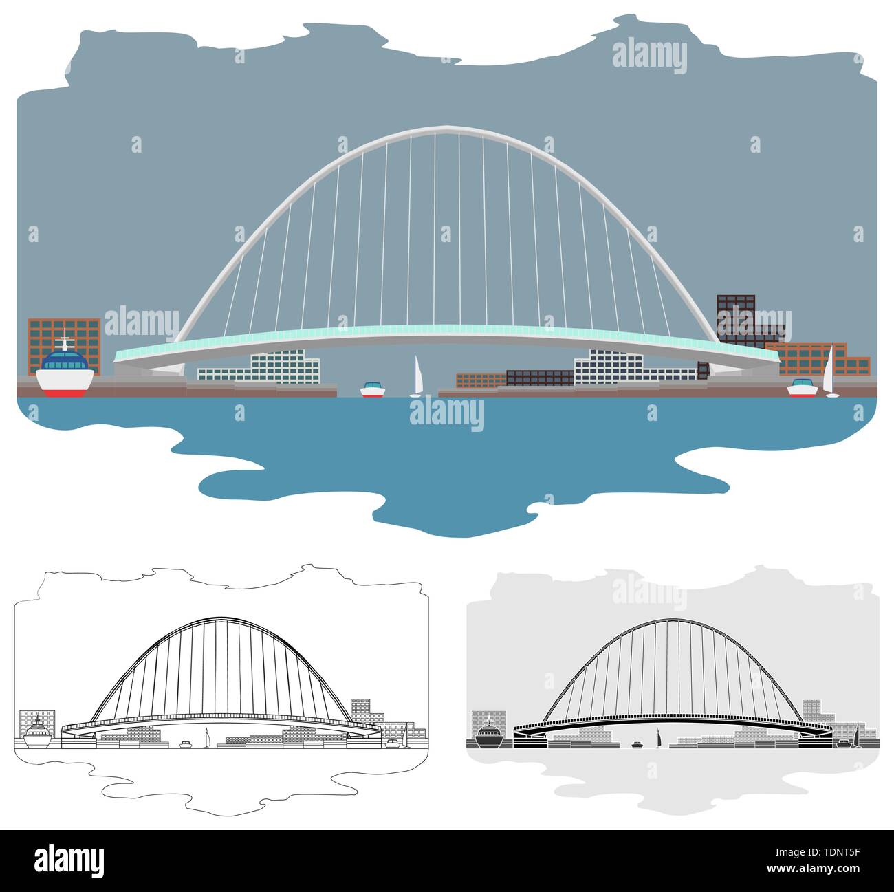 Gateshead Millennium Bridge skyline e visualizzare circa Illustrazione Vettoriale