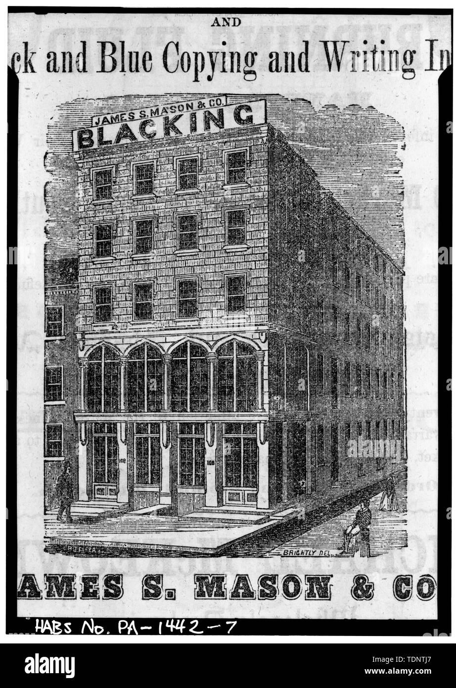 Fotocopia della stampa 1855 che mostra la costruzione come originariamente costruite, apparendo in McElroy's Directory. Fotocopiata da George A. Eisenman nel 1972. - James S. Mason e Company Store, 138-140 North Front Street, Philadelphia, Contea di Philadelphia, PA Foto Stock