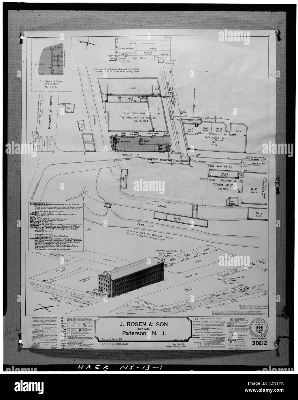 Fotocopia del reciproco associati Co. Assicurazione incendi mappa - 1917. J. ROSEN e figlio (seta mill) PATERSON, N.J. (4x5) negativo - Unione funziona, Abete rosso e le strade del mercato, Paterson, Passaic County, NJ Foto Stock