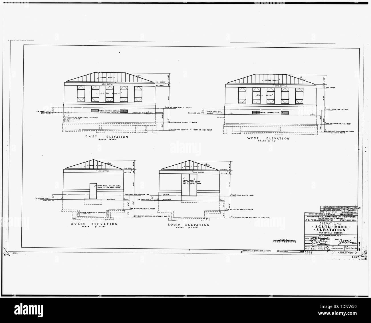 Fotocopia di innalzamenti di disegno (dall'ingegneria di BPA Vault, il disegno C13-J2-342-D1, Foglio 3, 13 marzo 1939) - Bonneville Power Administration South Bank sottostazione, I-84, a sud di Bonneville Dam e potente di Bonneville, contea di Multnomah, o Foto Stock