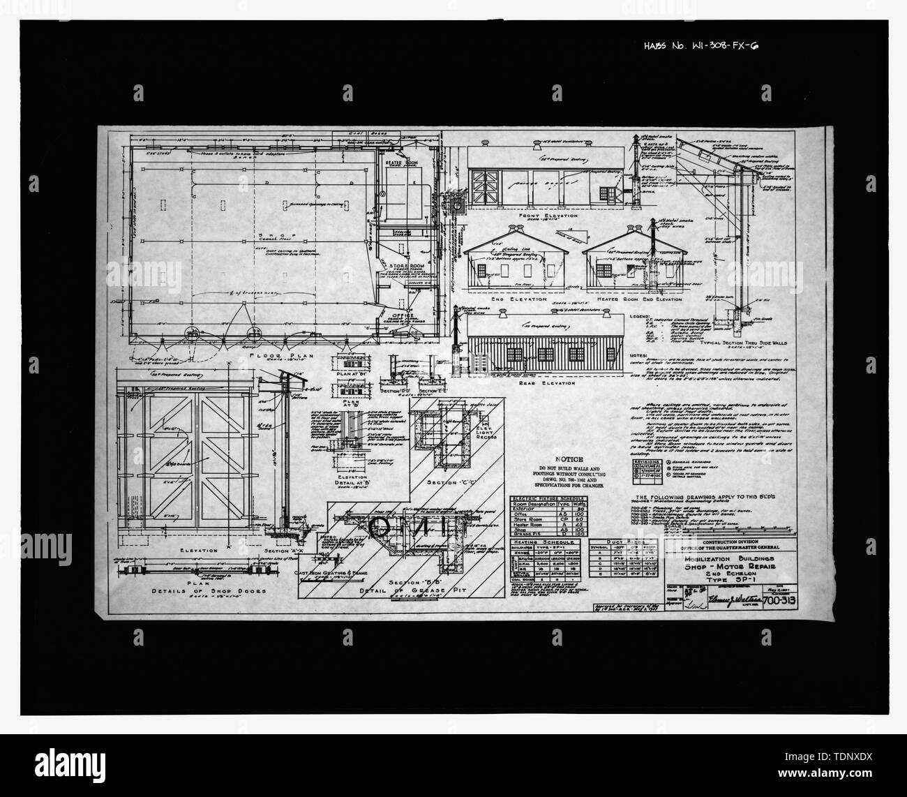 Fotocopia del Dipartimento di guerra disegno (originale si trova a Fort McCoy, Wisconsin). Negozio di riparazione motore, PLAN numero 700-313 - Fort McCoy, Edificio n. T-2756, angolo nordoccidentale di intersezione dell'autostrada ovest e ovest H strade, Sparta, Contea di Monroe, WI Foto Stock
