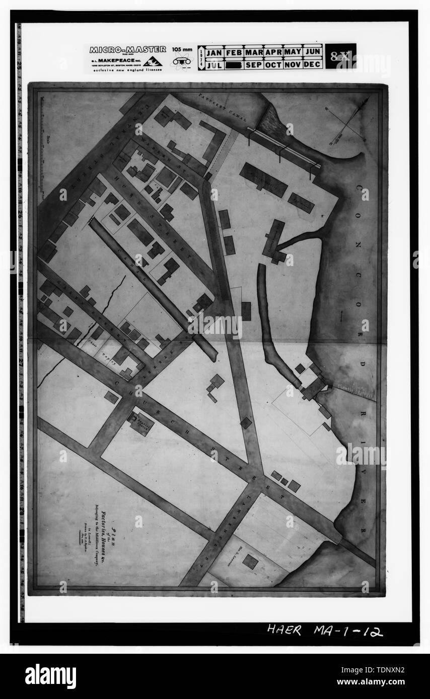 Fotocopia di un disegno (originale nella collezione del PLandC, mensola 123, disegno 2847) piano delle fabbriche, case, ec. Appartenente alla società MIDDLESEX, novembre 1833 - Lowell Canal Sistema, Merrimack e Concord fiumi, Lowell, Middlesex County, MA; Baldwin , Laommi; Jackson , Patrick Tracy; Francesco , James B; titolari delle serrature e dei canali sul fiume Merrimack; Middlesex Società; Hamilton Manufacturing Company; Merrimack Manufacturing Company; Suffolk Manufacturi Foto Stock