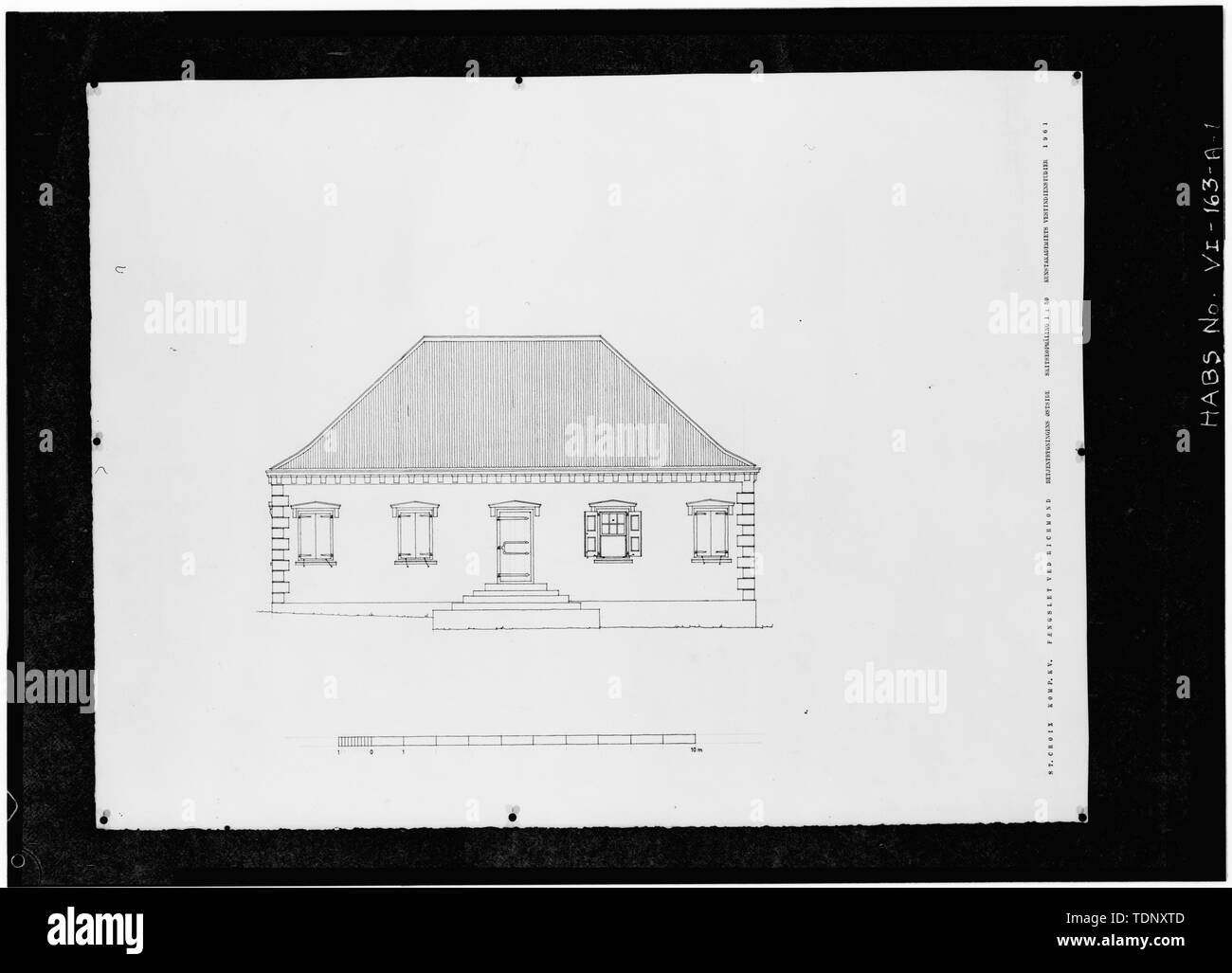 Fotocopia di un disegno misurata (originale in possesso della Kunstakademiets (Accademia Reale di Belle Arti), Copenaghen, Danimarca, 1961) EST (anteriore) di elevazione - Richmond prigione, custode della casa di Richmond, St. Croix, VI Foto Stock