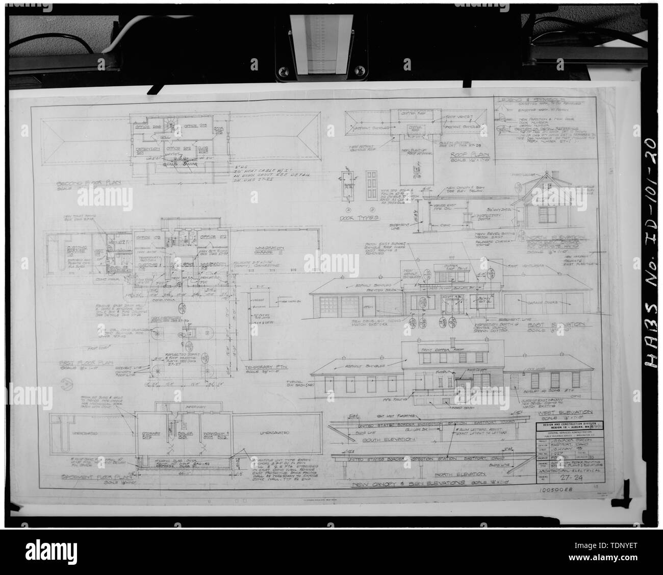Fotocopia di un disegno originale 8 marzo 1971 stazione di ispezione alterazioni, facciata, INTERNI E TETTUCCIO - STATI UNITI Frontiera stazione di ispezione, il lato ovest della Strada Statale Route 95, Eastport, contea di confine, ID Foto Stock