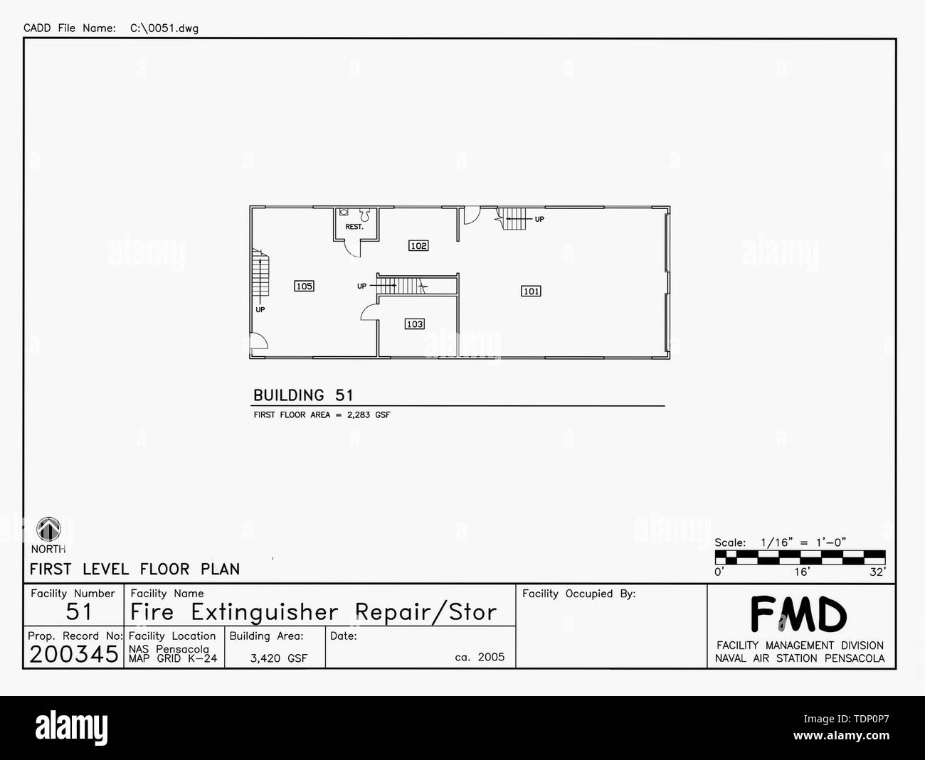 Fotocopia del disegno (questa fotografia è un 8 x 10 copia di un 8 x 10 negativa; 2005 disegno architettonico situato in Pensacola NAS, Florida, l'Edificio n. 51) L'edificio n. 51, ESTINTORE RIPARAZIONE-STORAGE, PRIMO PIANO PIANO - STATI UNITI Naval Air Station, locomotore Shed, Sud Avenue, Pensacola, Escambia County, FL Foto Stock