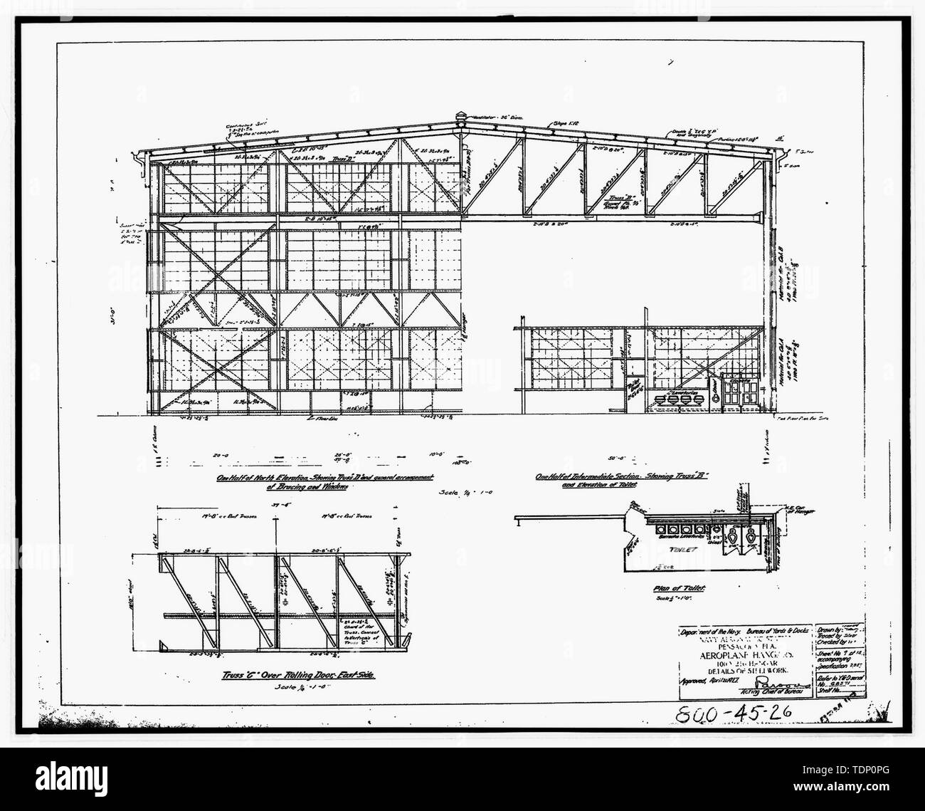 Fotocopia del disegno (questa fotografia è un 8 x 10 copia di un 8 x 10 negativa; microfilm di 1917 disegno architettonico situato a Nara) Hangar, 100 X 216 HANGAR, dettagli del lavoro in acciaio, foglio 9 di 18 - STATI UNITI Naval Air Station, idrovolante Hangar, 521 South Avenue, Pensacola, Escambia County, FL Foto Stock