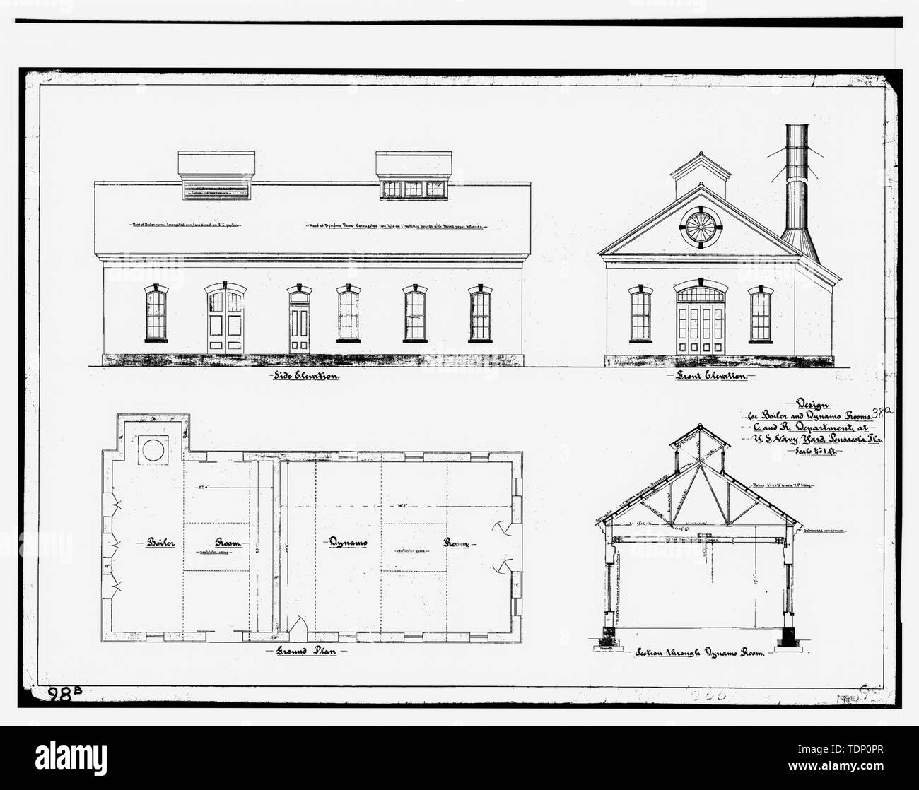 Fotocopia del disegno (questa fotografia è un 8 x 10 copia di un 8 x 10 negativa; non datata disegno architettonico situato in Pensacola NAS, Florida, l'Edificio n. 38-A) DESIGN PER LA CALDAIA e la dinamo camere. C E R dipartimento presso U.S. NAVY YARD, PENSACOLA FLA. - Stati Uniti Naval Air Station, negozio di fabbro ferraio, Sud Avenue, Pensacola, Escambia County, FL Foto Stock