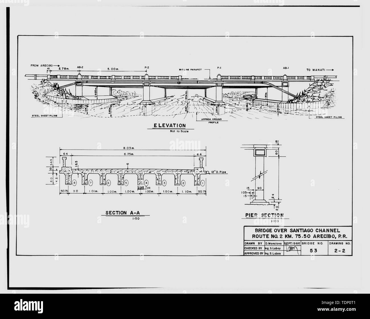 Fotocopia del disegno (questa fotografia è un 8'' x 10''contatto stampa; Settembre, 1986 come disegno incorporato da D. Monclova, in possesso dell'autostrada Ufficio Amministrazione del Puerto Rico Highway e Transportation Authority) ponte su Santiago (sic) Canale, percorso n. 2 km. 75.50, Arecibo, P.R. Ponte no. 53. No. 2 di 2. - Puente del Cano Carate, Spanning Cano Carate canale, Arecibo, Arecibo Municipio, PR; Nones, Rafael; Gonzalez, Adriano; Archeologia Industriale, Caribena contraente; Calloway, Debora, trasmettitore; Mendez-Caratini, Hector, fotografo; Pumarada-O'Neill, Luis, storico Foto Stock