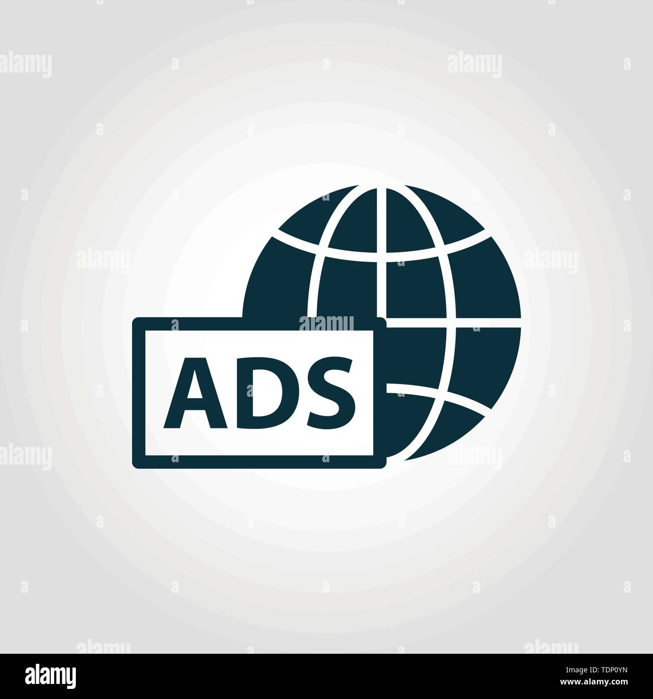 Simbolo dell'icona vettore di pubblicità globale. Segno creativo dalla collezione di icone pubblicitarie. Icona di pubblicità globale piena per computer e dispositivi mobili Illustrazione Vettoriale