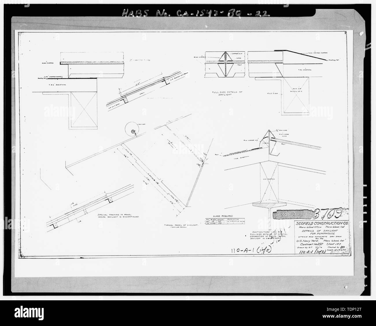 Fotocopia del disegno si trova presso archivi nazionali, San Bruno, California (Marina - 110-A-1 (1 di 5). Scofiled Construction Company Mafre Isola Ufficio, Mare isola Cal. Dettagli del lucernario per pompa casa di pietra e di calcestruzzo secco-dock per US Navy Yard Mare isola Cal, contratto n. 257; 2 settembre 1908. - Mare isola Cantiere Navale, casa della pompa, California Avenue, dal lato est tra il bacino di carenaggio 1 e il bacino di carenaggio 2, vicino Ninth Street, Vallejo, Solano County, CA Foto Stock
