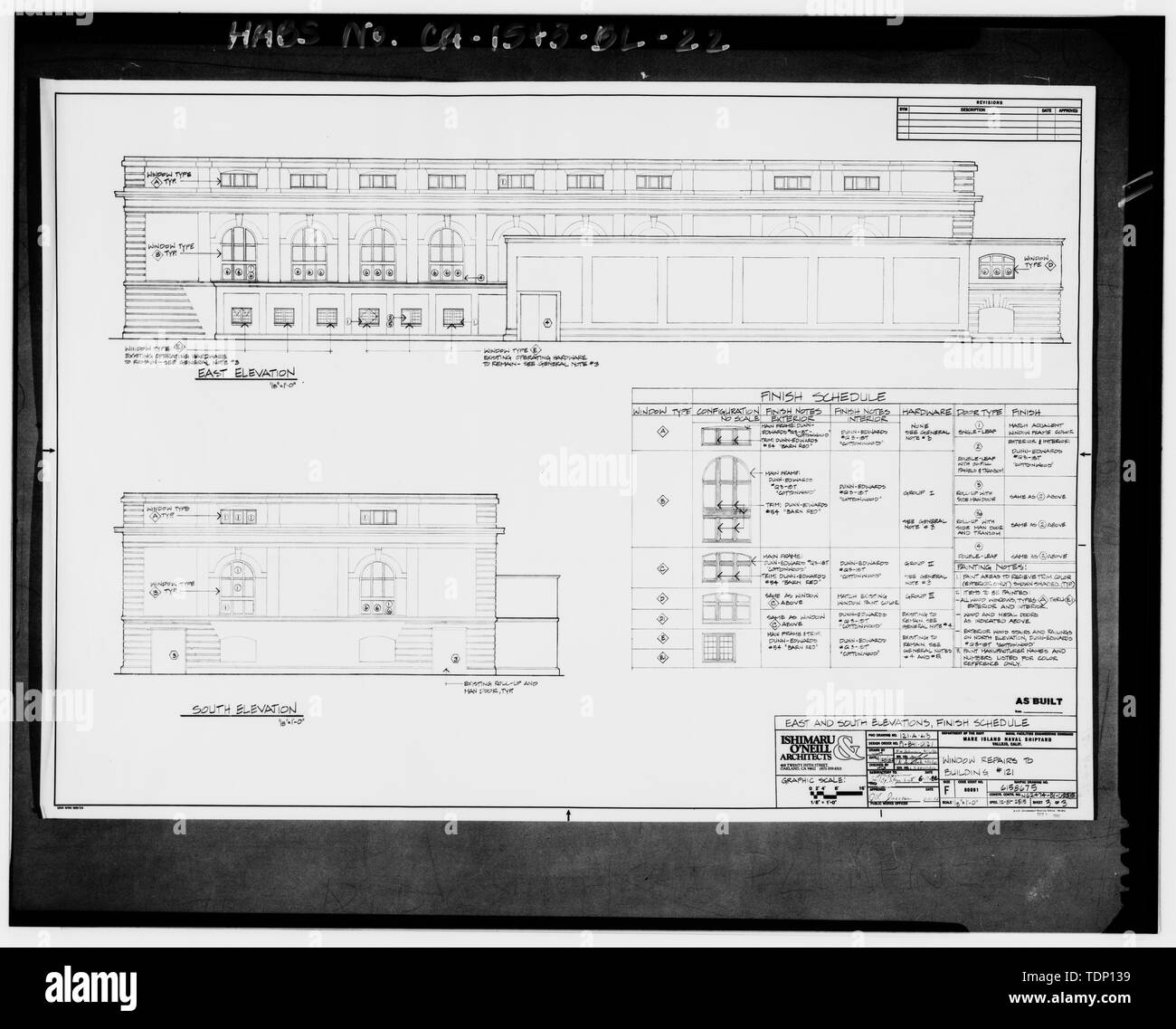 Fotocopia del disegno si trova presso archivi nazionali, San Bruno, California (Marina - 121-A-43). Shimuru e architetti Oweill est e sud elevazioni; n.d. - Mare isola Cantiere Navale, Central Power Plant, California Avenue, norhtwest angolo della California Avenue e Seventh Street, Vallejo, Solano County, CA Foto Stock