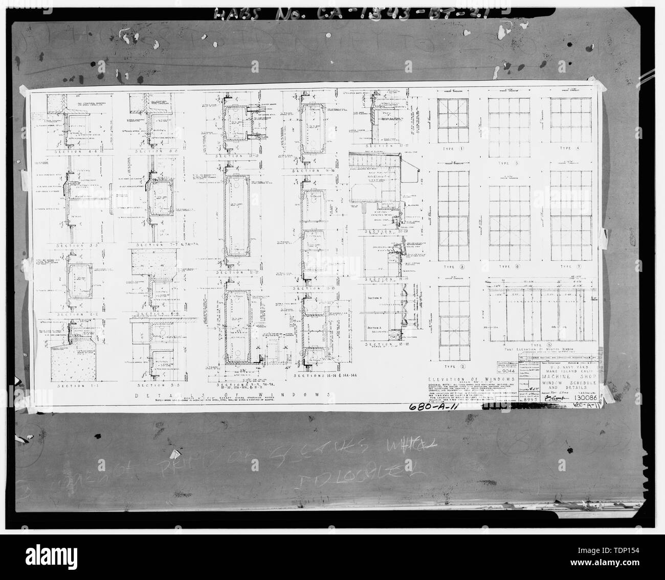 Fotocopia del disegno si trova presso archivi nazionali, San Bruno, California (Marina - 680-A-11). Finestra di pianificazione e di dettagli; 1938. - Mare isola Cantiere Navale, Machine Shop, California Avenue, angolo sud-ovest della California Avenue e la Tredicesima Street, Vallejo, Solano County, CA Foto Stock