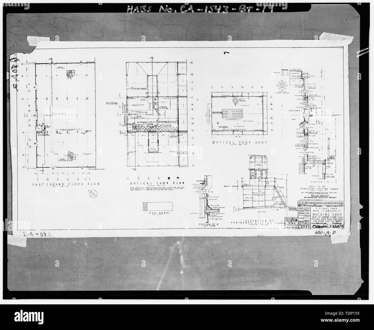 Fotocopia del disegno si trova presso archivi nazionali, San Bruno, California (Marina - 680-A-2). Parte del piano terra, negozio di ottica e tetto periscope test torre; 1936. - Mare isola Cantiere Navale, Machine Shop, California Avenue, angolo sud-ovest della California Avenue e la Tredicesima Street, Vallejo, Solano County, CA Foto Stock