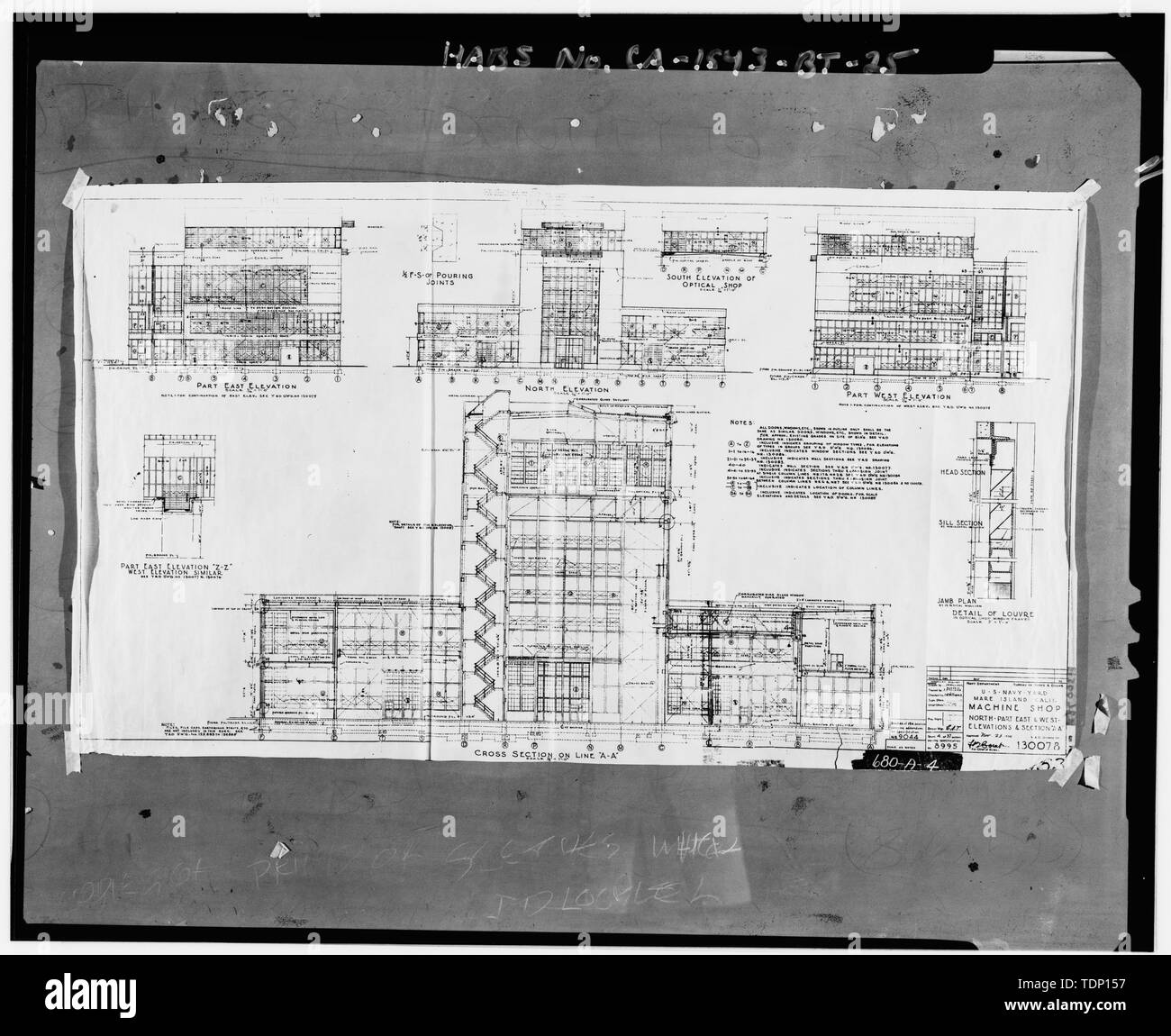 Fotocopia del disegno si trova presso archivi nazionali, San Bruno, California (Marina - 680-A-4). Parte nord est e ovest, elevazioni e sezioni A-A, N.D. - Mare isola Cantiere Navale, Machine Shop, California Avenue, angolo sud-ovest della California Avenue e la Tredicesima Street, Vallejo, Solano County, CA Foto Stock