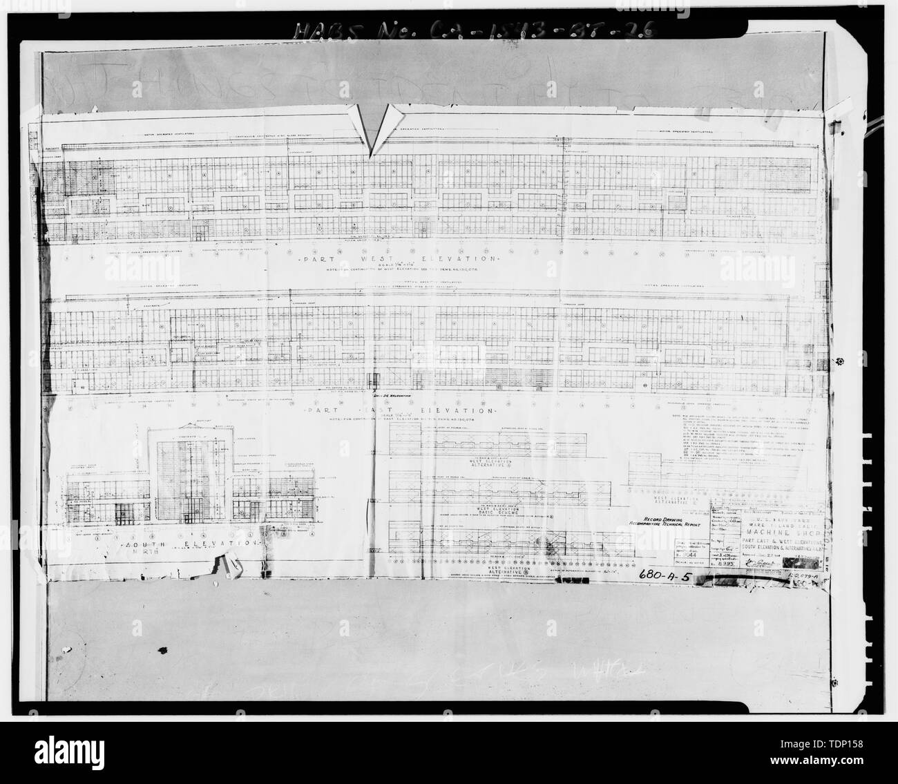 Fotocopia del disegno si trova presso archivi nazionali, San Bruno, California (Marina - 680-A-5). La parte est e ovest elevazioni, facciata sud e alterazione AandB; n.d. - Mare isola Cantiere Navale, Machine Shop, California Avenue, angolo sud-ovest della California Avenue e la Tredicesima Street, Vallejo, Solano County, CA Foto Stock