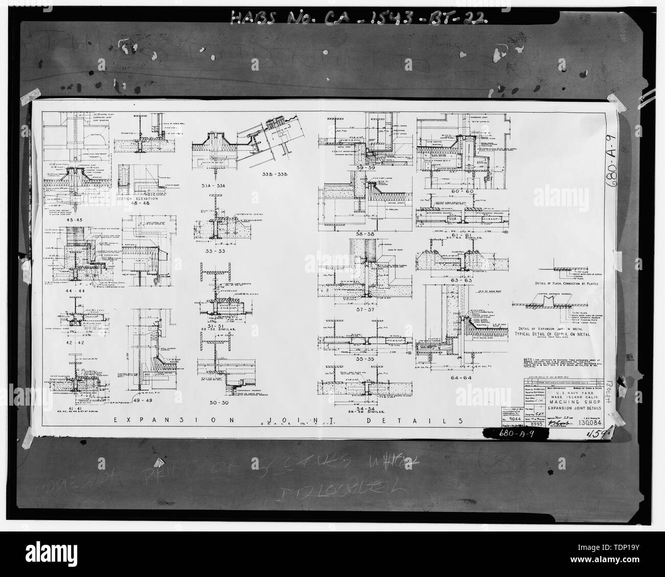 Fotocopia del disegno si trova presso archivi nazionali, San Bruno, California (Marina - NUM), che mostra 680-A-9. Negozio di macchina giunto di dilatazione e dettagli; 1938. - Mare isola Cantiere Navale, Machine Shop, California Avenue, angolo sud-ovest della California Avenue e la Tredicesima Street, Vallejo, Solano County, CA Foto Stock