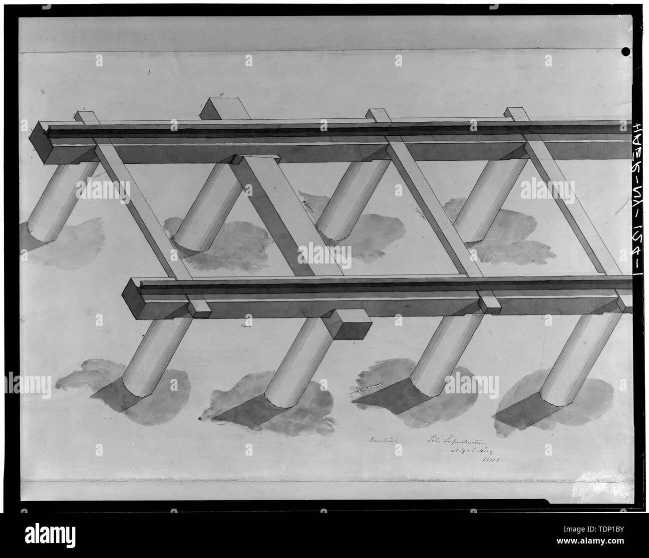 Fotocopia del disegno che mostra pila sovrastruttura di inizio ferrovia via costruzione. Illustrazione originale nella collezione di Degolyer, Dallas, Texas - Ferrovia Erie, New Jersey, New York, Pennsylvania, deposito, Broome County, NY Foto Stock