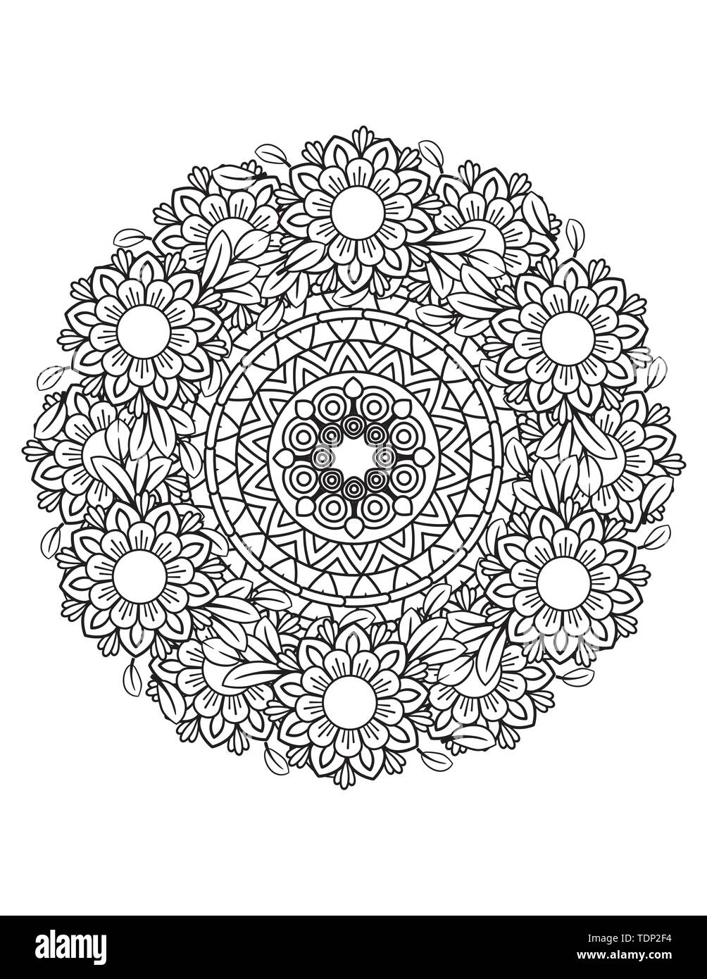Colorazione per adulti pagina con motivo floreale. Bianco e nero scarabocchio fiori. Bouquet line art illustrazione vettoriale isolati su sfondo bianco. Elemento di design Illustrazione Vettoriale