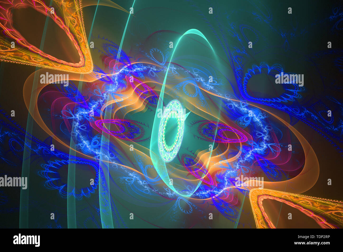 Illustrazione blu sullo sfondo di fractal forme geometriche per la copertina del libro magick esplosione fantasticando music flyer o altro concetto. Foto Stock