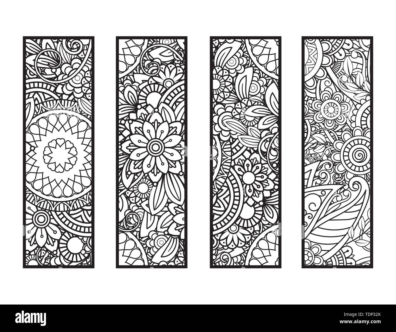 Set di quattro segnalibri in bianco e nero. Doodle fiori e ornamenti per adulto libro da colorare. Illustrazione Vettoriale. Illustrazione Vettoriale