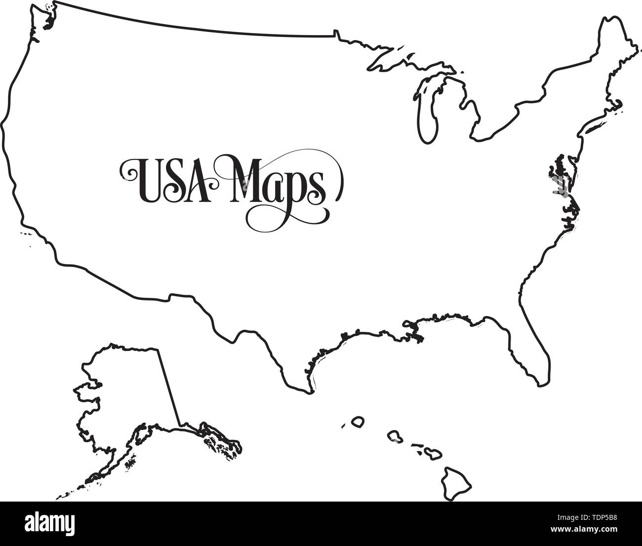 Mappa degli Stati Uniti d'America (USA) illustrazione di contorno su sfondo bianco. Illustrazione Vettoriale