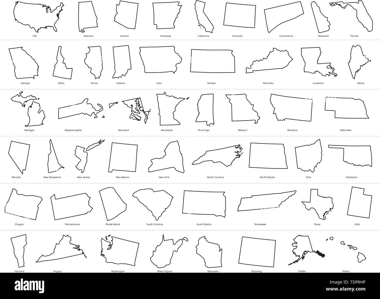 Mappa degli Stati Uniti d'America (USA) diviso membri Contorno mappe immagine su sfondo bianco. Illustrazione Vettoriale