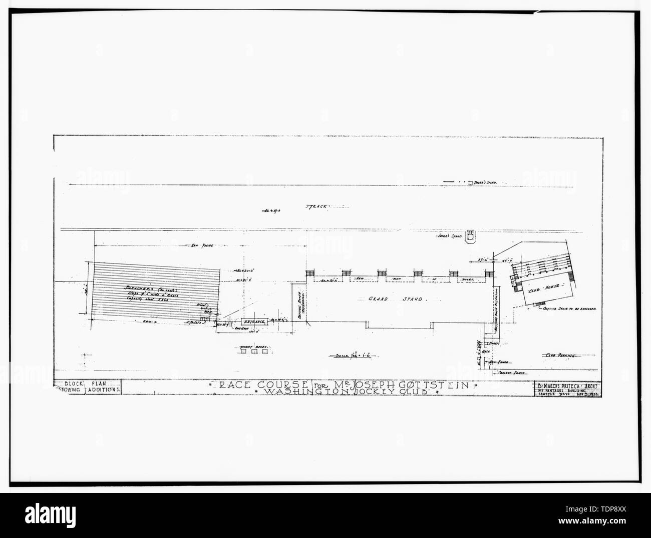 Fotocopia del disegno architettonico. (L'originale è nella raccolta di Richard F. McCann, Pasadena, CA.) Blocco Piano, aggiunte di ala. In data 3 novembre 1933. Corso di gara per il sig. Joseph Gottstein, Washington Jockey Club. B. Marcus Priteca. - Longacres, 1621 Southwest sedicesimo Street, Renton, King County, WA; Gill, Barry Lee, trasmettitore Foto Stock