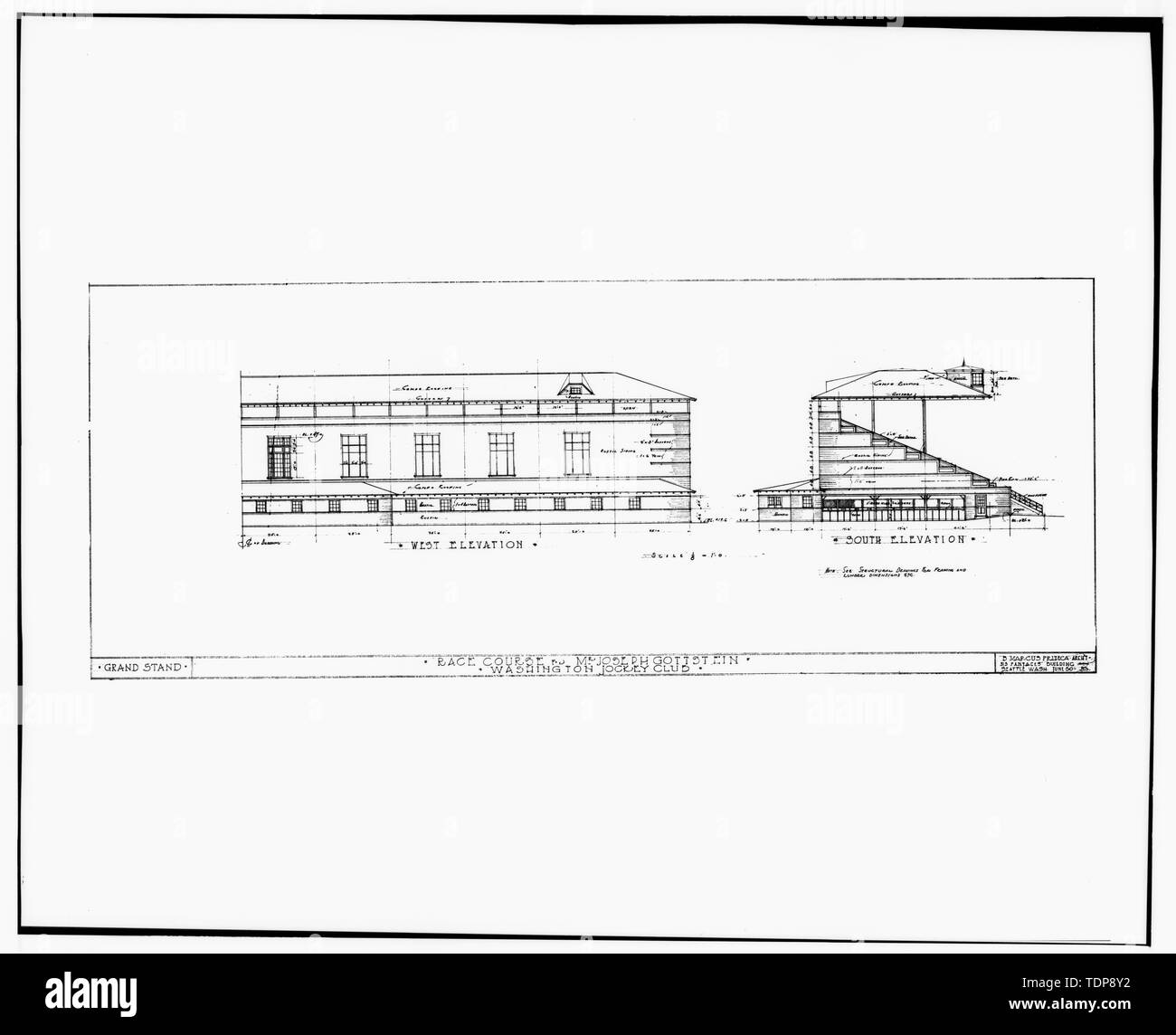 Fotocopia del disegno architettonico. (L'originale è nella raccolta di Richard F. McCann, Pasadena, CA.)- tribuna sud e ovest elevazioni. In data 30 giugno 1933. Corso di gara per il sig. Joseph Gottstein, Washington Jockey Club. B. Marcus Priteca. - Longacres, tribuna originale, 1621 Southwest sedicesimo Street, Renton, King County, WA; Gill, Barry Lee, trasmettitore Foto Stock