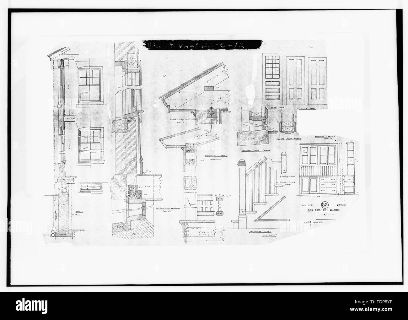 Fotocopia del disegno architettonico (da archivi nazionali architettonico e ramo cartografica Alexandria, Virginia) 'Non-Com ufficiali Qrs.' Quartermaster Generals Office Standard Plan 82, foglio 2, Aprile 1893. Litografia su lino disegno architettonico. Dettagli - Fort Myer, Non-Commissioned ufficiali Quarti, Washington Avenue tra la Johnson Lane e Custer Road, Arlington Arlington County, VA Foto Stock